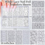 White Lace Nail Foil Transfer Stickers, 10 Rolls Nail Lace Flowers Stickers Design Holographic Nail Foils Transfer Paper Nail Art Decals for Women DIY Acrylic Nails Manicure Wraps Salon Decoration