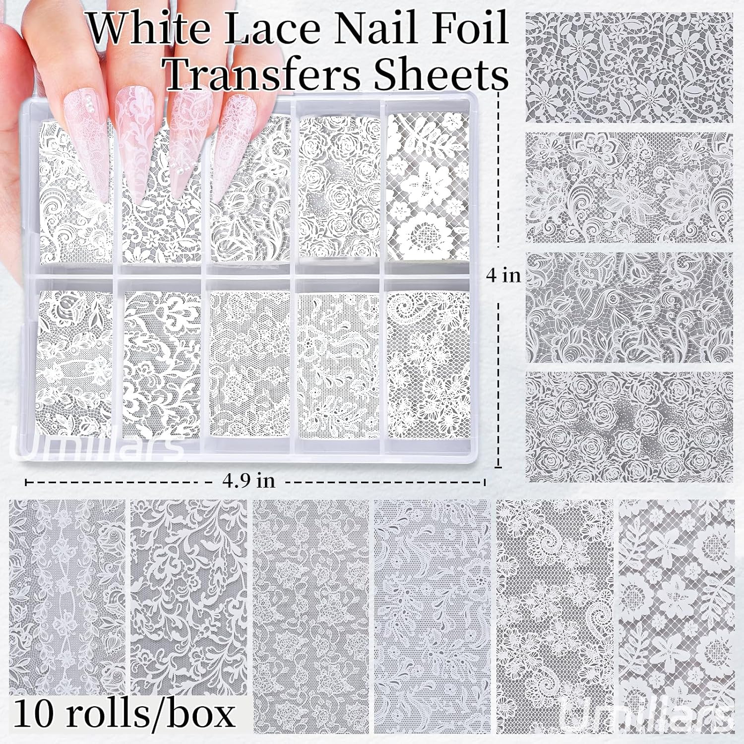 White Lace Nail Foil Transfer Stickers, 10 Rolls Nail Lace Flowers Stickers Design Holographic Nail Foils Transfer Paper Nail Art Decals for Women DIY Acrylic Nails Manicure Wraps Salon Decoration