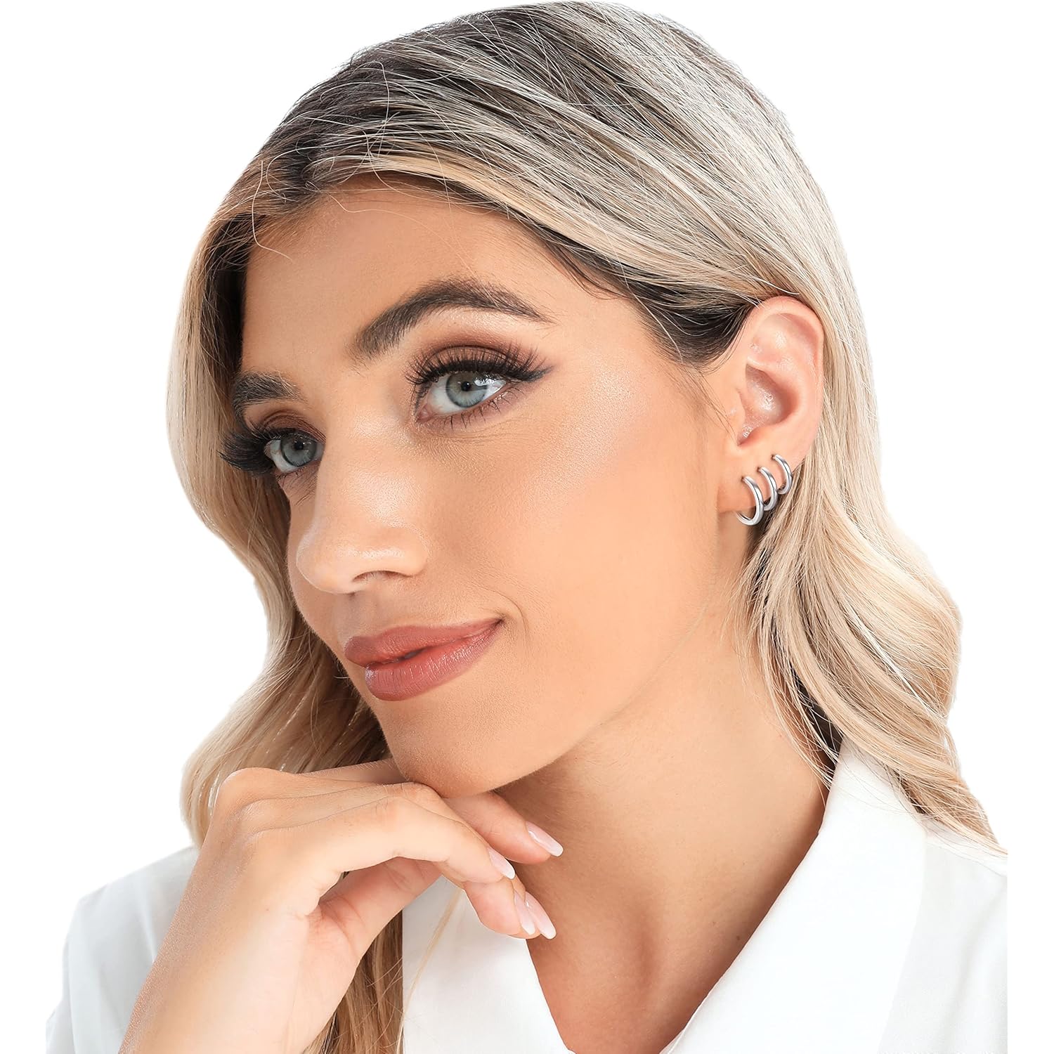 3 Pairs 925 Sterling Silver Hoop Earrings 14K White Gold Plated Small Silver Hoops Cartilage Huggie Earrings for Women Men