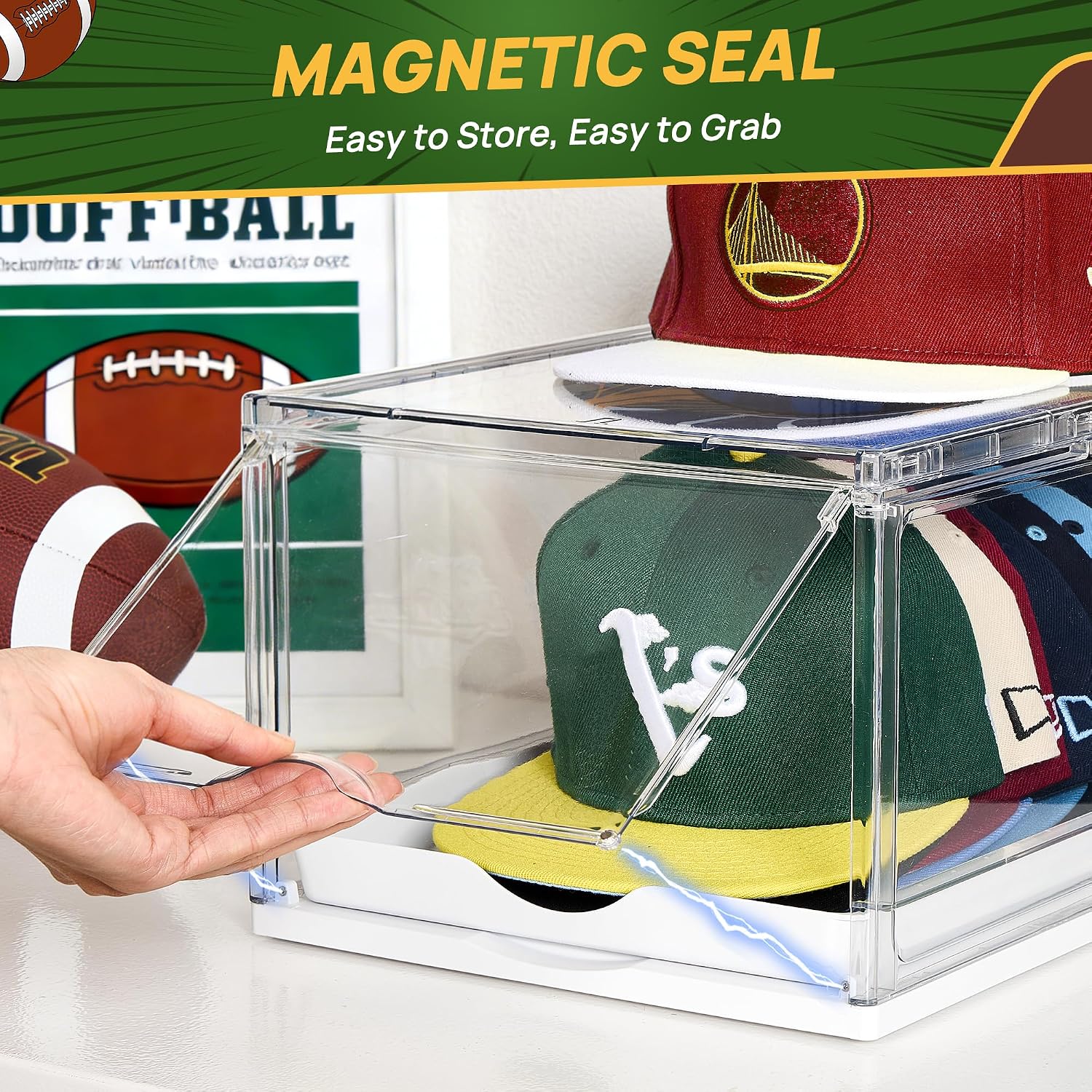 Vtopmart 2 Pack Clear Hat Organizer Drawer For Baseball Caps, Stackable Display Case With Magnetic Door, Each Holds 12 Hats
