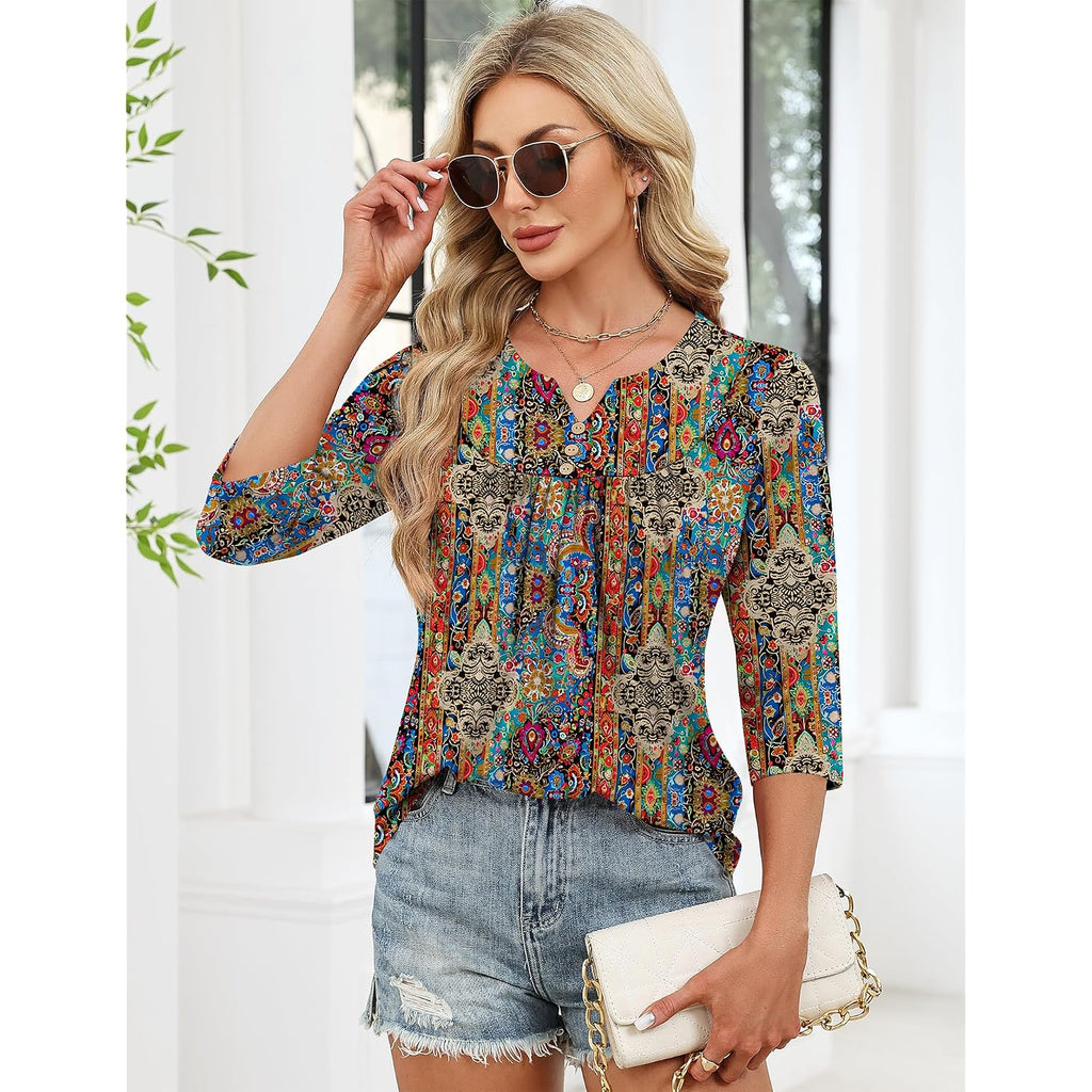 LOMON 3/4 Length Sleeve Womens Tops Dressy Casual Henley V Neck Blouses Loose Fit Tunics 2026 Trendy Summer Outfits