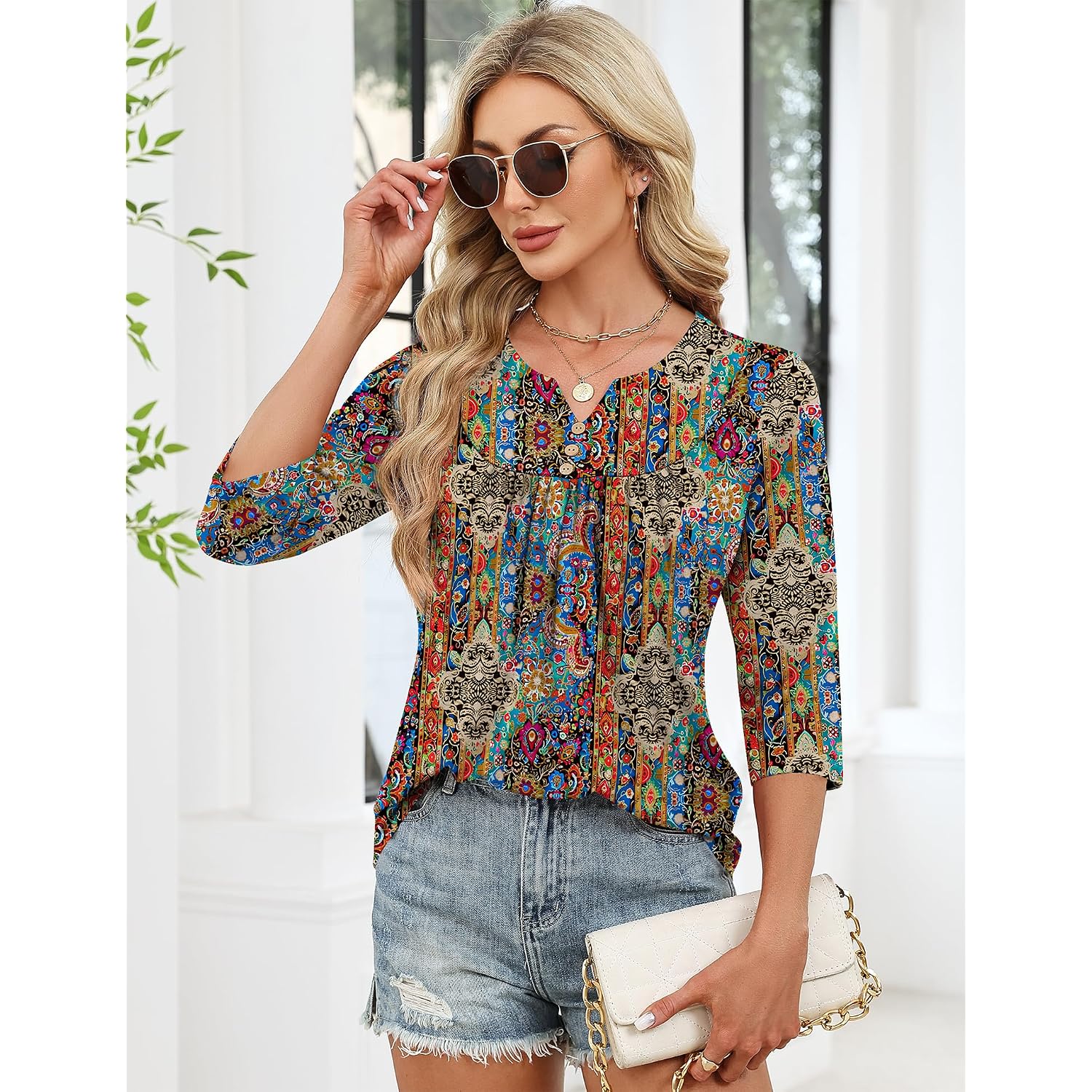 LOMON 3/4 Length Sleeve Womens Tops Dressy Casual Henley V Neck Blouses Loose Fit Tunics 2026 Trendy Summer Outfits