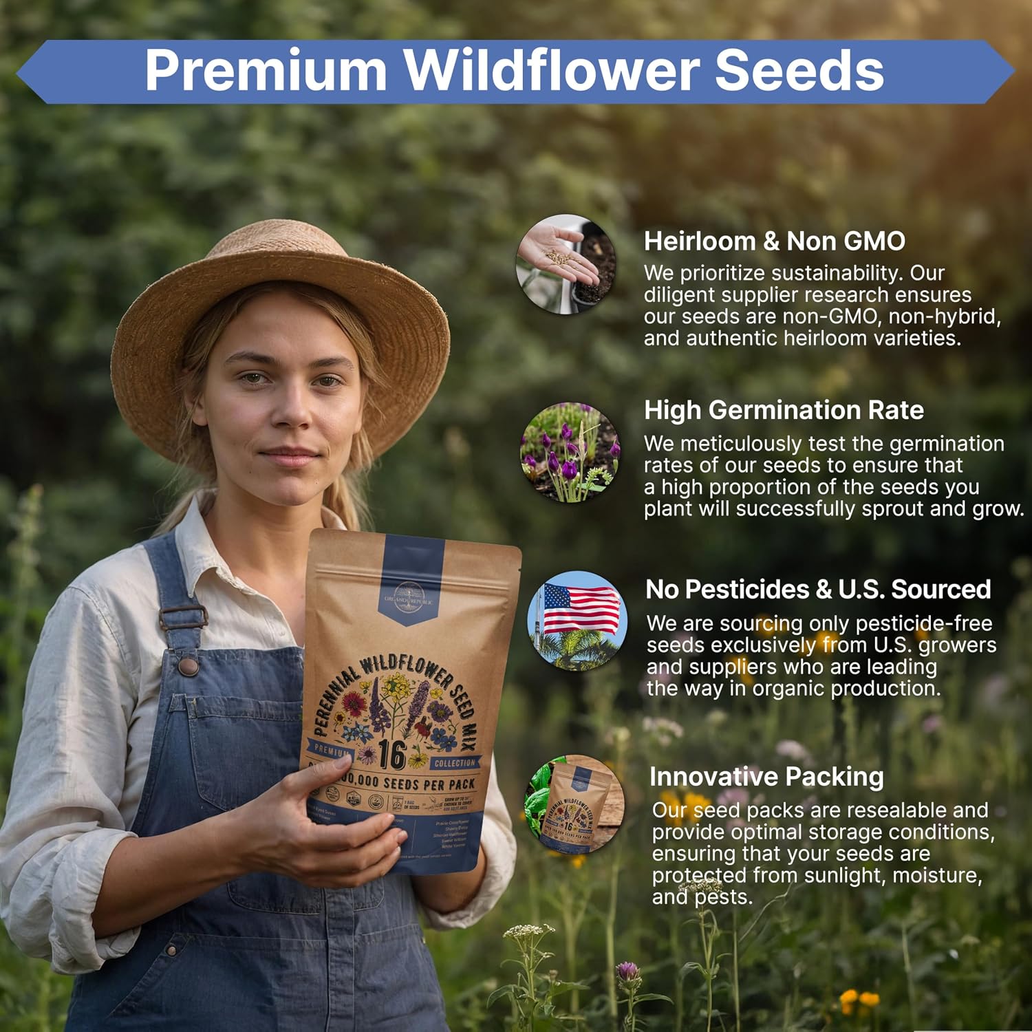 16 Perennial Wildflower Seeds Mix For Indoor & Outdoors. 100,000+ Non-Gmo, Heirloom Wildflower Garden Seeds, 4Oz Packet For Growing Wild Flowers To Attract Bees, Butterflies & Birds