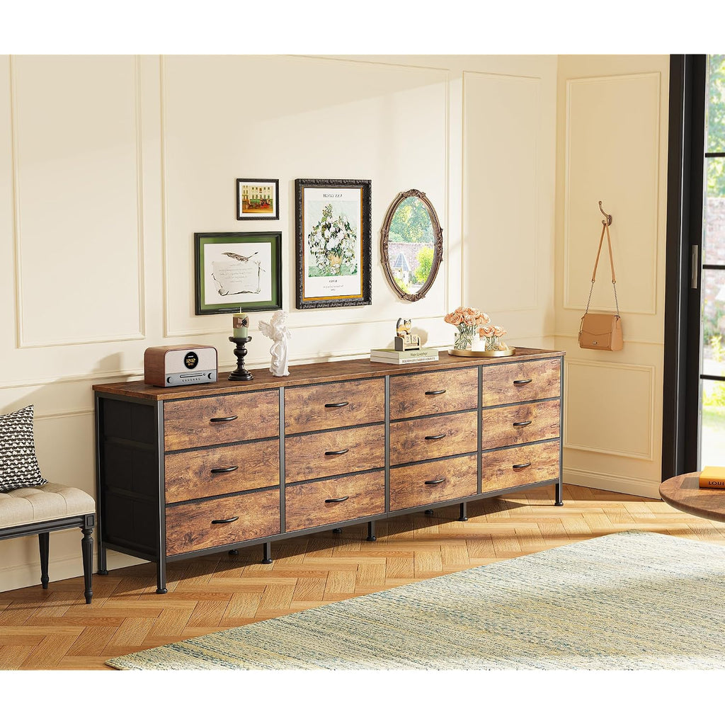 Huuger 70 Inch Dresser For Bedroom, Tv Stand For 65, 75, 80 Inch Tv, 12 Fabric Drawer Long Dresser, Large Entertainment Center For Bedroom, Wide Chest Of Drawer With Storage, Rustic Brown