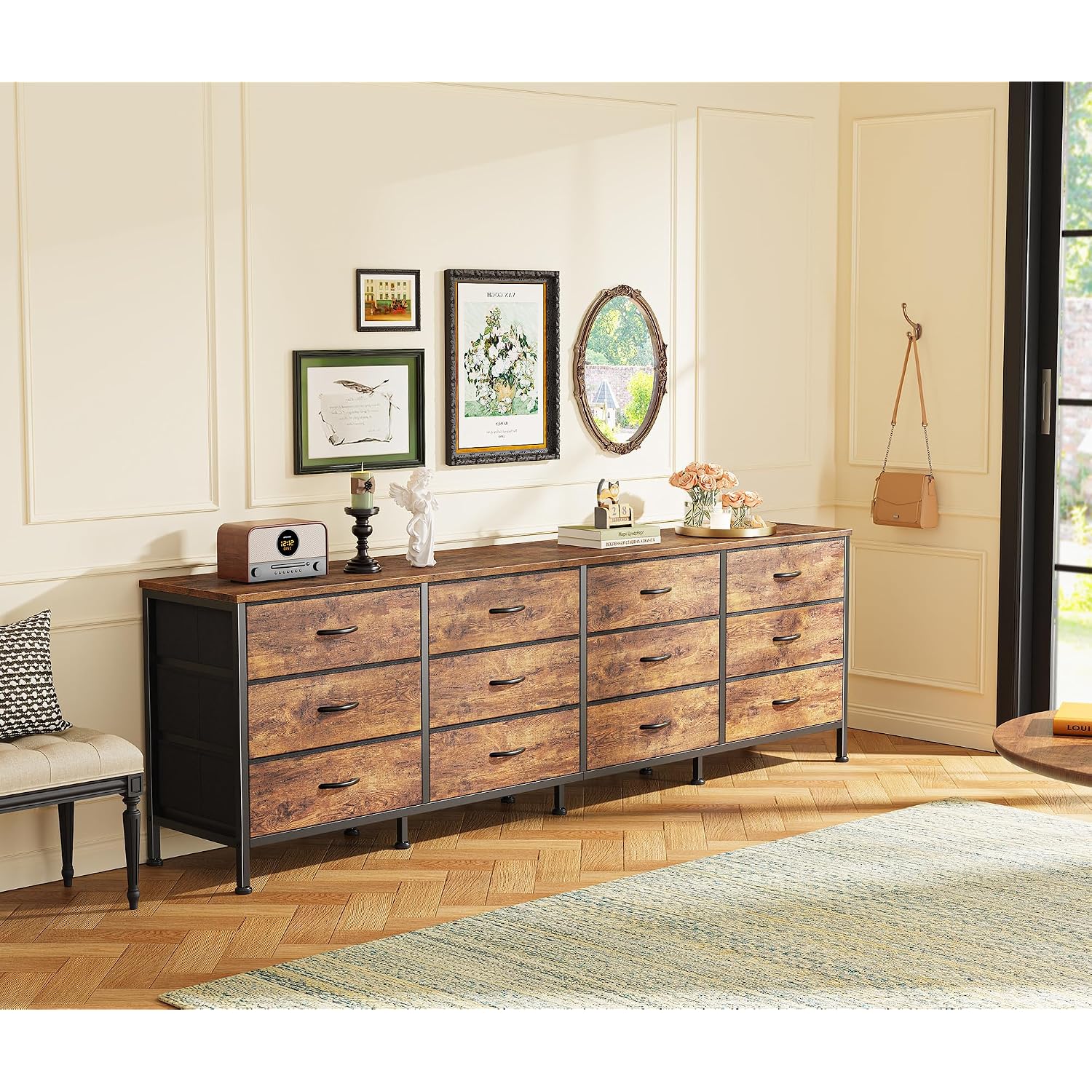 Huuger 70 Inch Dresser For Bedroom, Tv Stand For 65, 75, 80 Inch Tv, 12 Fabric Drawer Long Dresser, Large Entertainment Center For Bedroom, Wide Chest Of Drawer With Storage, Rustic Brown