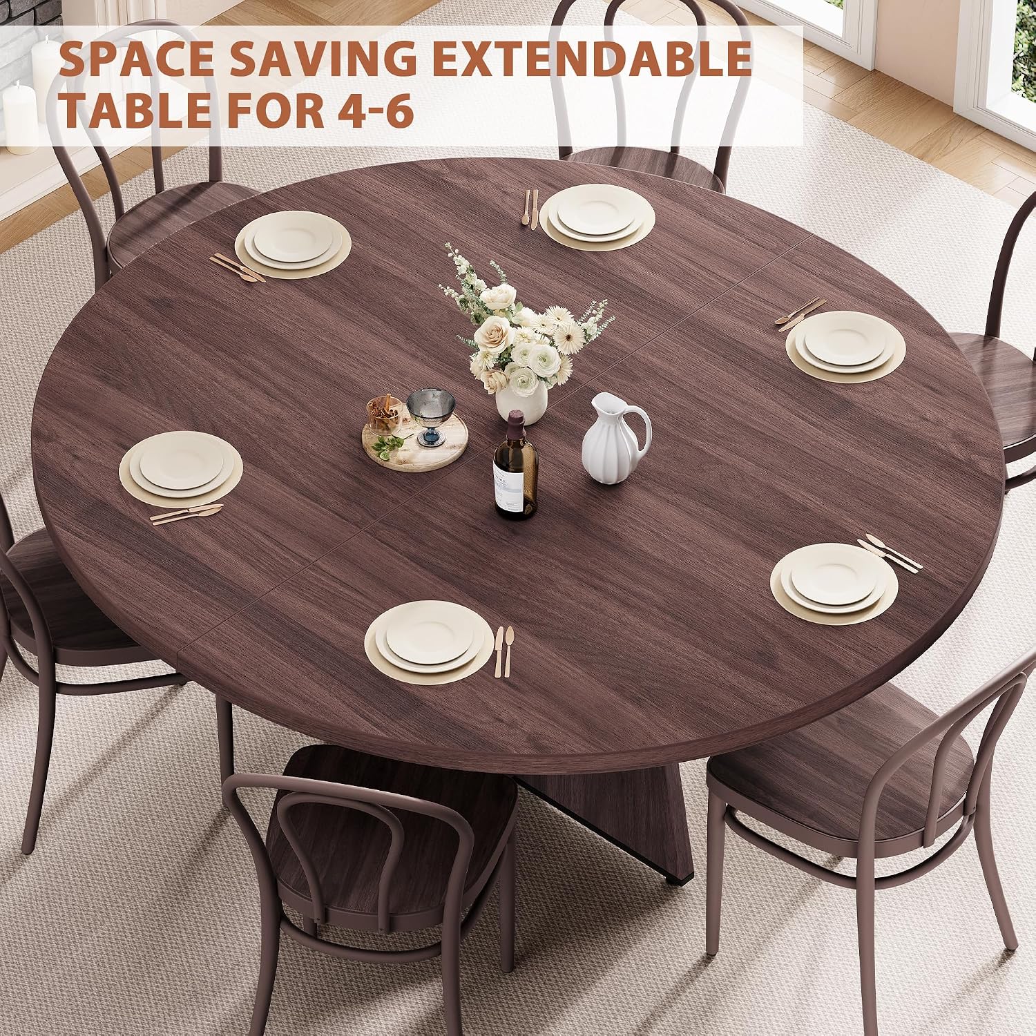 Extendable Dining Table, Round Kitchen Dining Room Dinner Table With For 4 6 8 People, Space Saving Modern Oval Expandale Furniture With Storage And Pedestal For Kitchen Living Room (Brown)