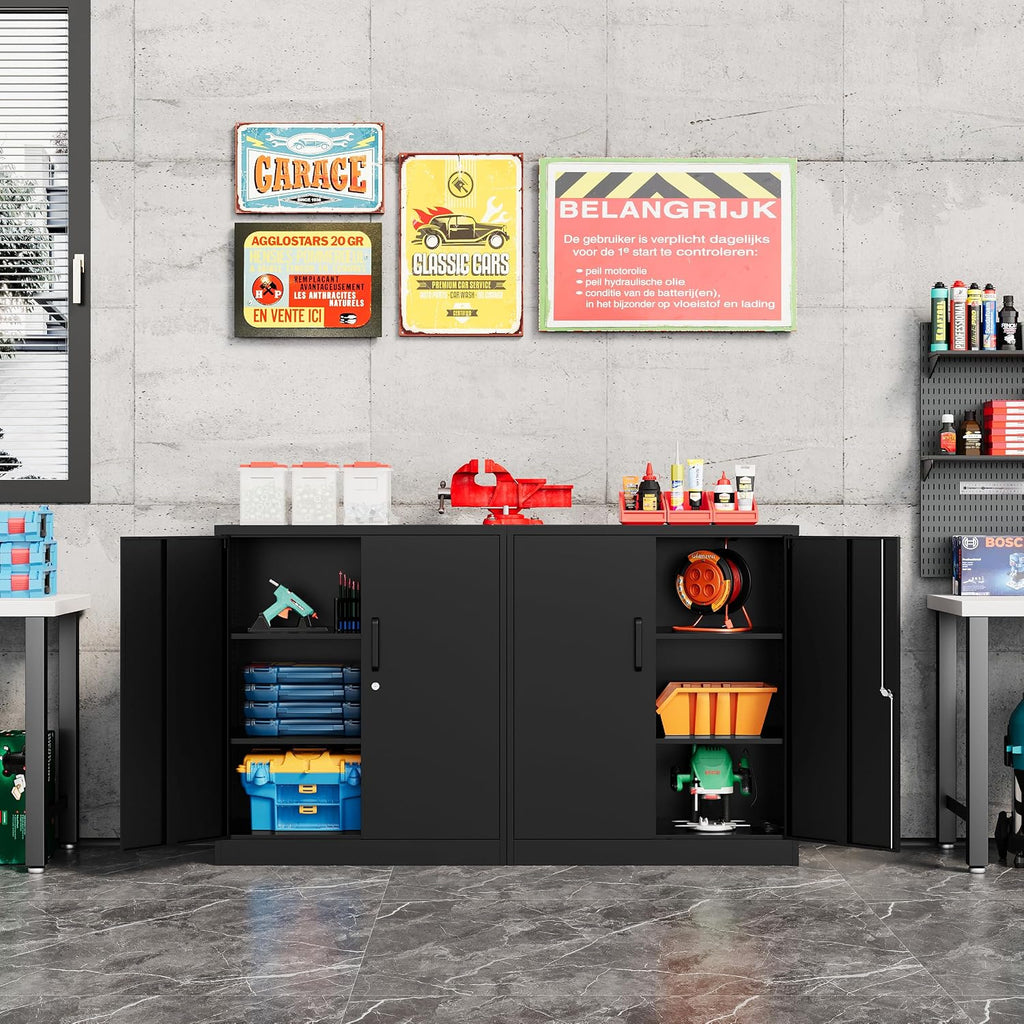 Metal Storage Cabinet-36” Tall Steel File Cabinet With Lockable Doors And Adjustable Shelves-Black Steel Storage Cabinet For Home, School, Office, Garage