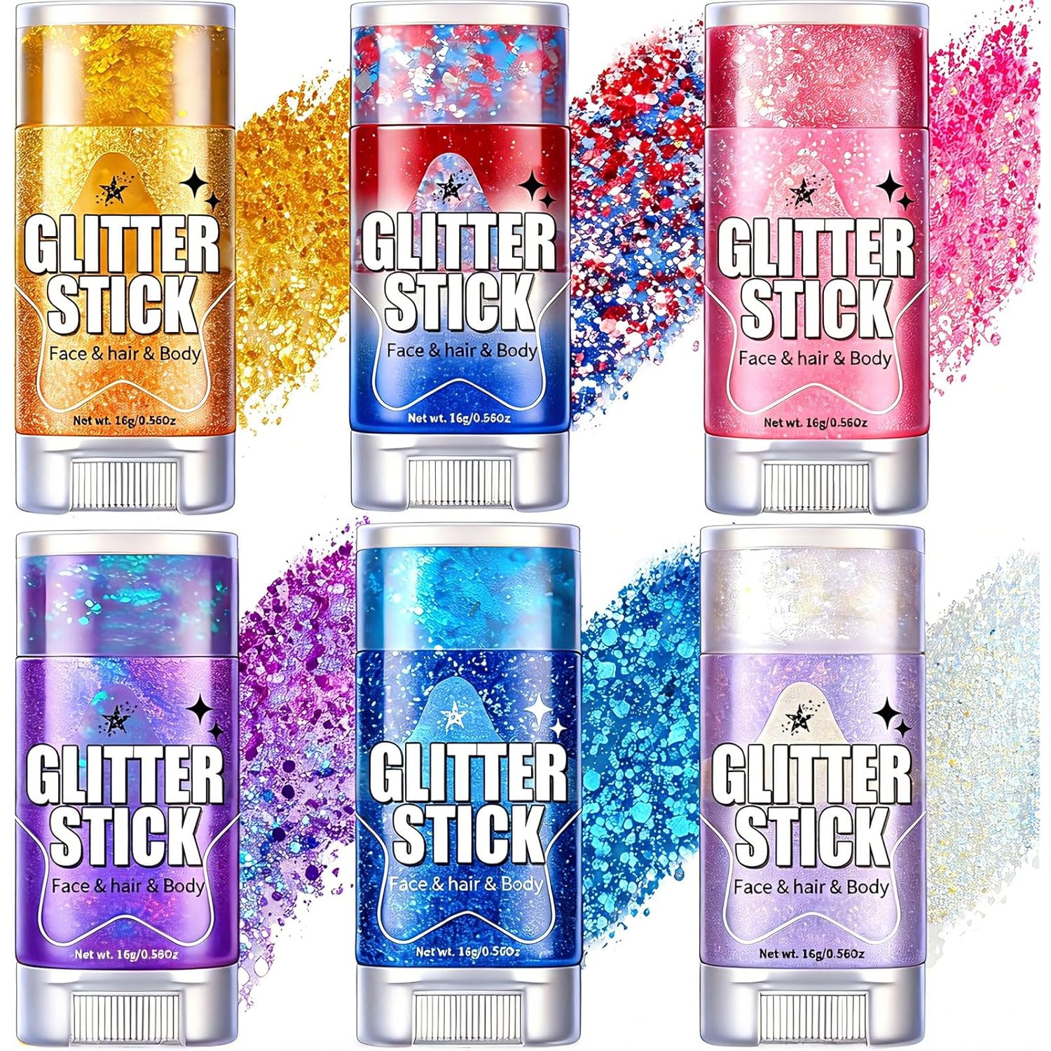 AROIC Body Glitter Stick - 6 Pack Red White and Blue Face & Hair Glitter with Chunky Sequins, 4th of July USA Rave Accessories Sparkling Face Paint with Fruit Scent for Festival Makeup Concert Party