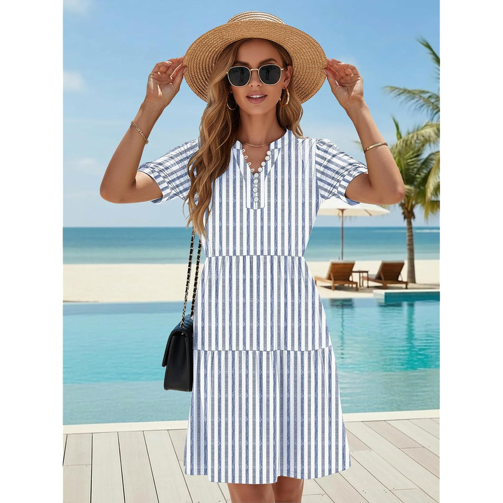 Etcyy Sundresses For Women 2026 Vacation Swimwear Coverups Boho Floral Beach Dress Striped Short Sleeve Tshirt Summer Dresses