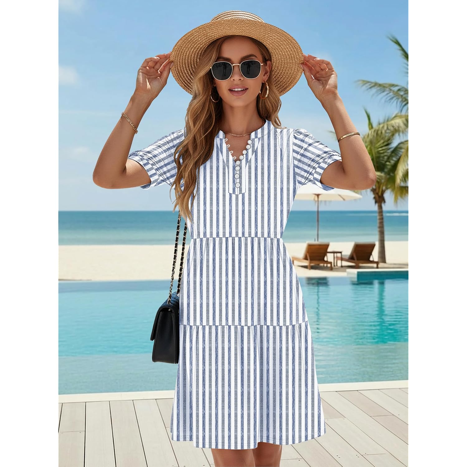 Etcyy Sundresses For Women 2026 Vacation Swimwear Coverups Boho Floral Beach Dress Striped Short Sleeve Tshirt Summer Dresses