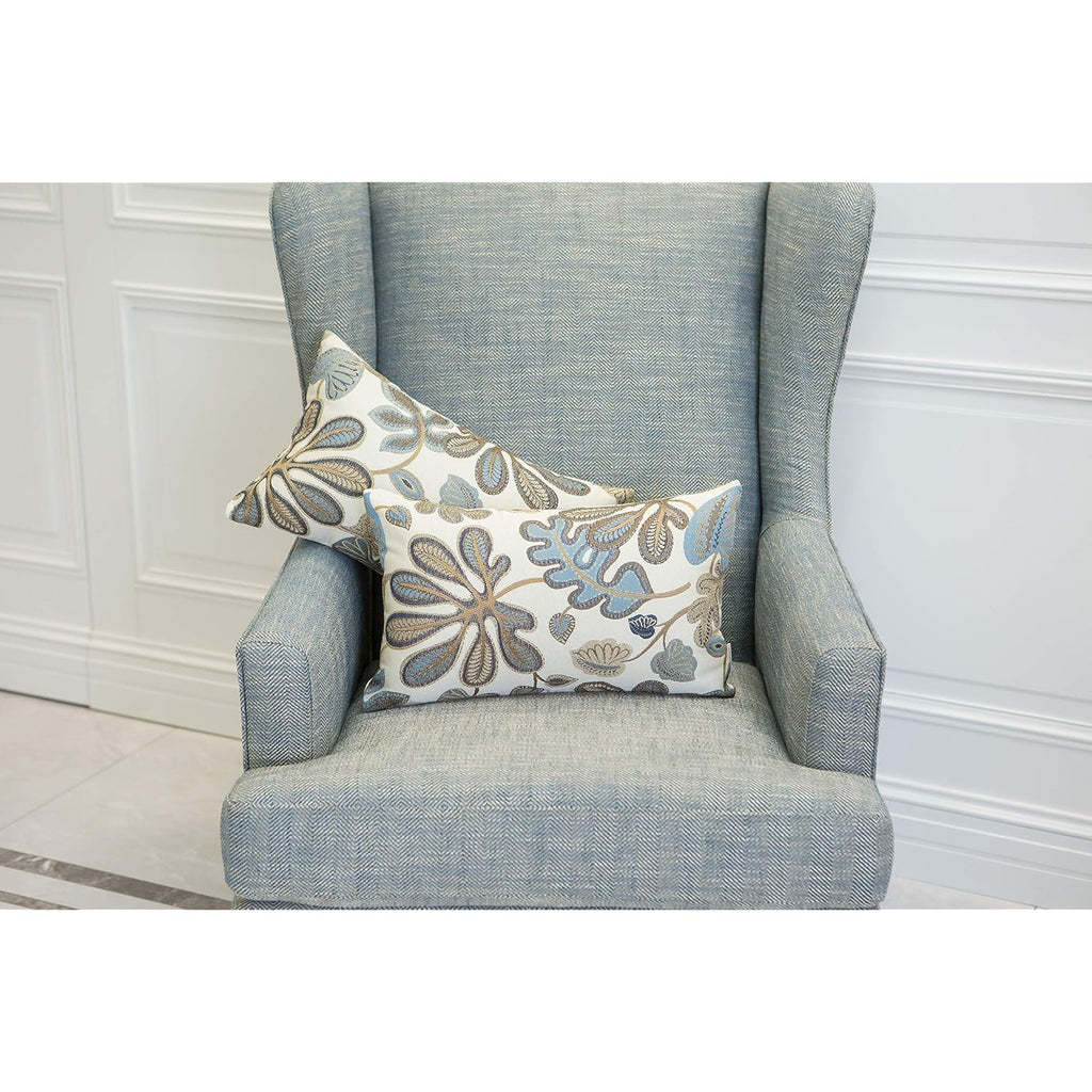 Set Of 2 Jacquard Tropical Leaf Pattern Oblong Throw Pillow Covers Accent Pillowcase 12X20 Inches,Blue Cream