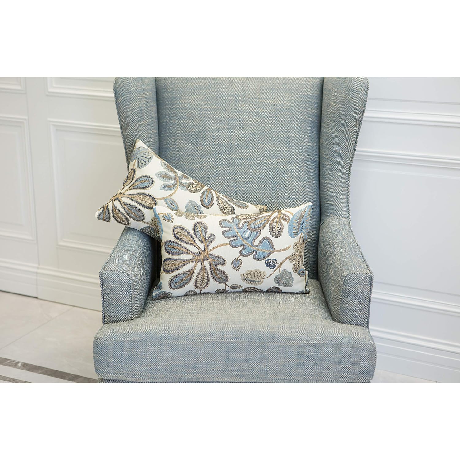 Set Of 2 Jacquard Tropical Leaf Pattern Oblong Throw Pillow Covers Accent Pillowcase 12X20 Inches,Blue Cream