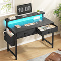 31Inch Office Computer Desk With Led Lights & 2 Fabric Drawers, Gaming Desk With Side Pocket & Ergonomic Monitor Stand, Small Space Study Writing Table With Anti-Tip Design,Black