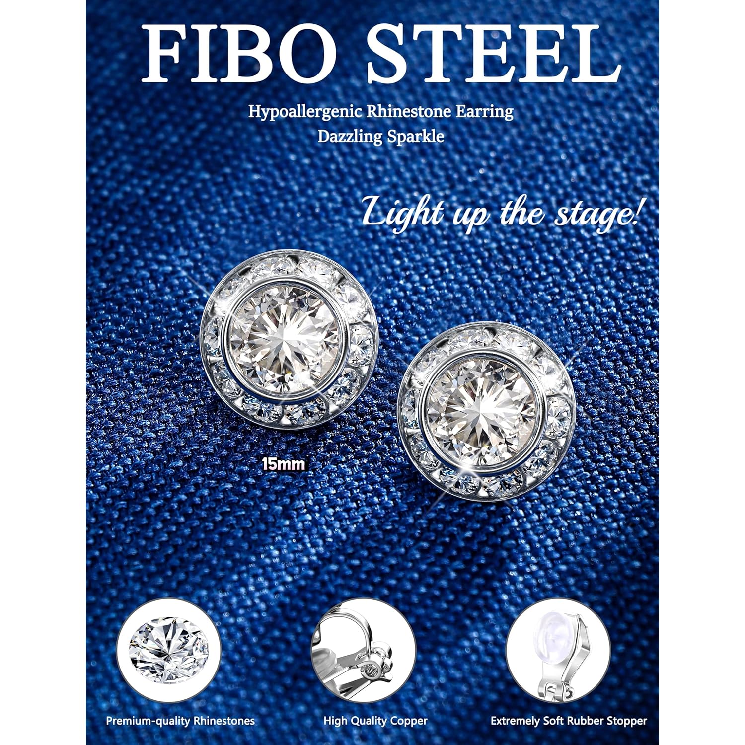 FIBO STEEL Clip on Halo Earrings Rhinestone Earrings Crystal Earrings for Women Round Acrylic Stone Inside Dance Competitions Stage Opera Performance Wedding Party Jewelry