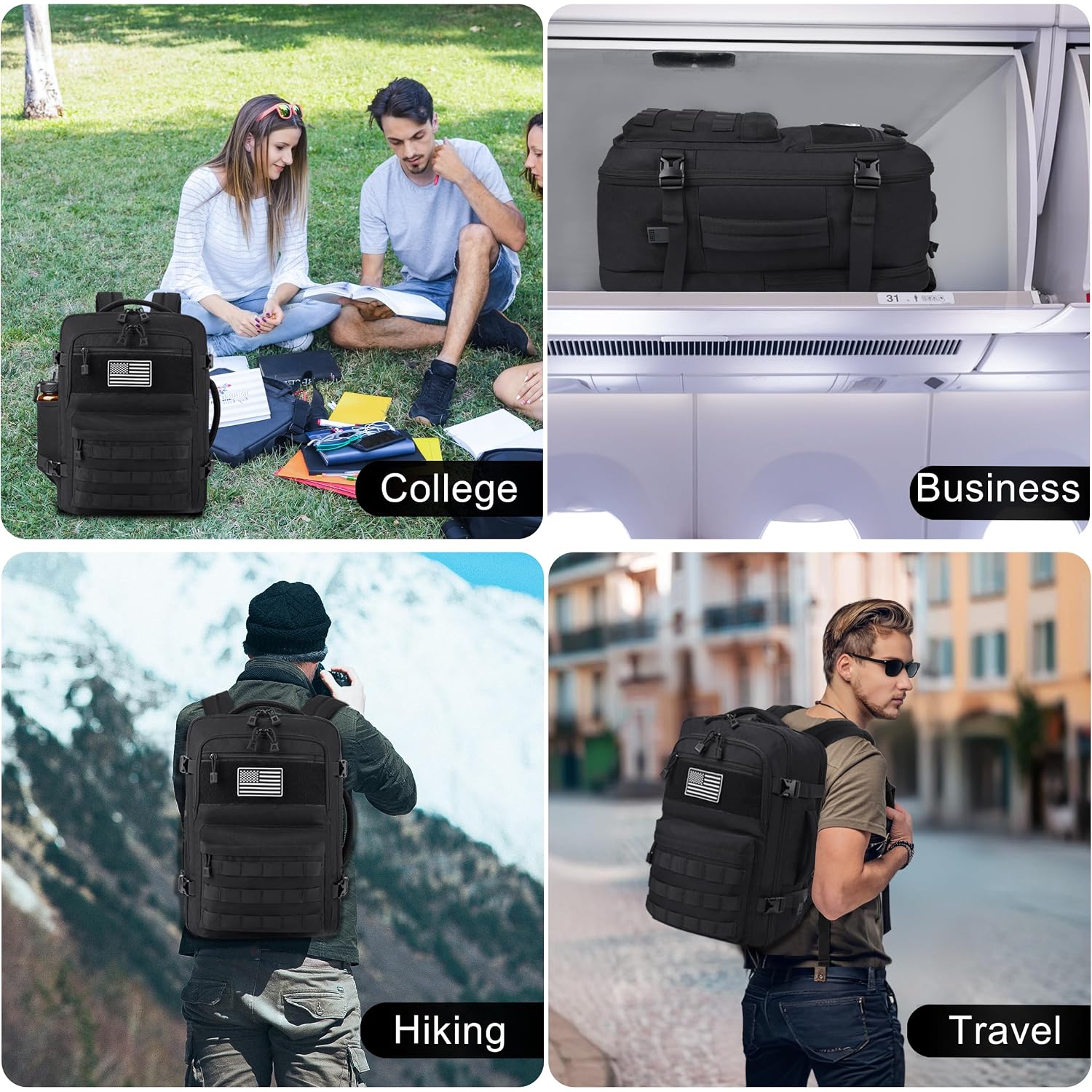 Tsa Approved Carry On Backpack, Extra Large Tactical Travel Backpack For Men, Airplane Approved Weekender Bag For Flight (Black)