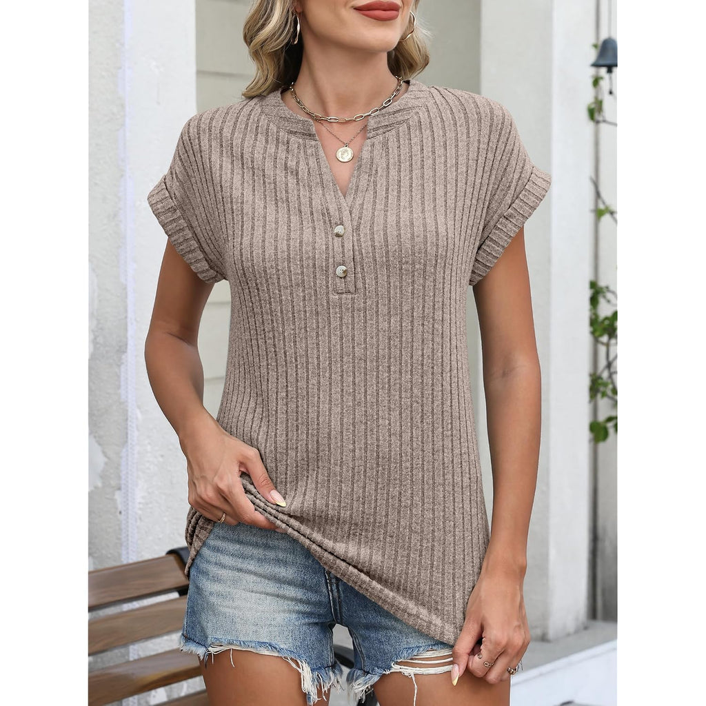 Anrabess Womens Short Sleeve Henley Shirts V Neck Summer Sweaters 2026 Spring Business Tunic Tops Dressy Casual Work Blouses