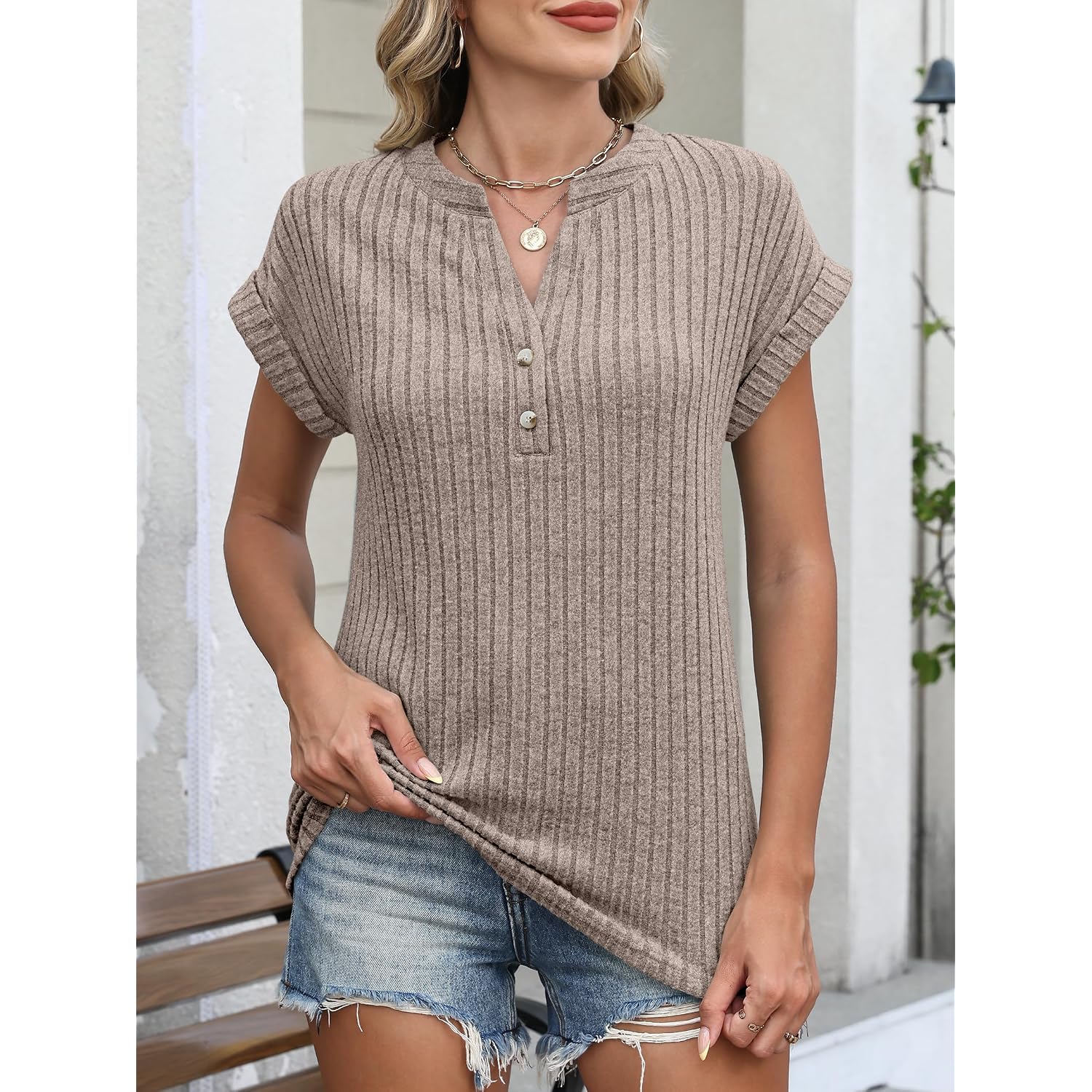 Anrabess Womens Short Sleeve Henley Shirts V Neck Summer Sweaters 2026 Spring Business Tunic Tops Dressy Casual Work Blouses