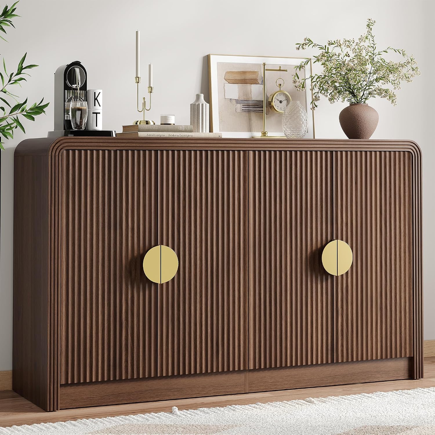 Decofy 55" Fluted Buffet Sideboard Cabinet, Modern Mid Century Console Cabinet With Adjustable Shelves & Wavy Grain Doors For Kitchen Cabinet Storage,Living Room,Entryway,Coffee Bar Cabinet (Walnut)