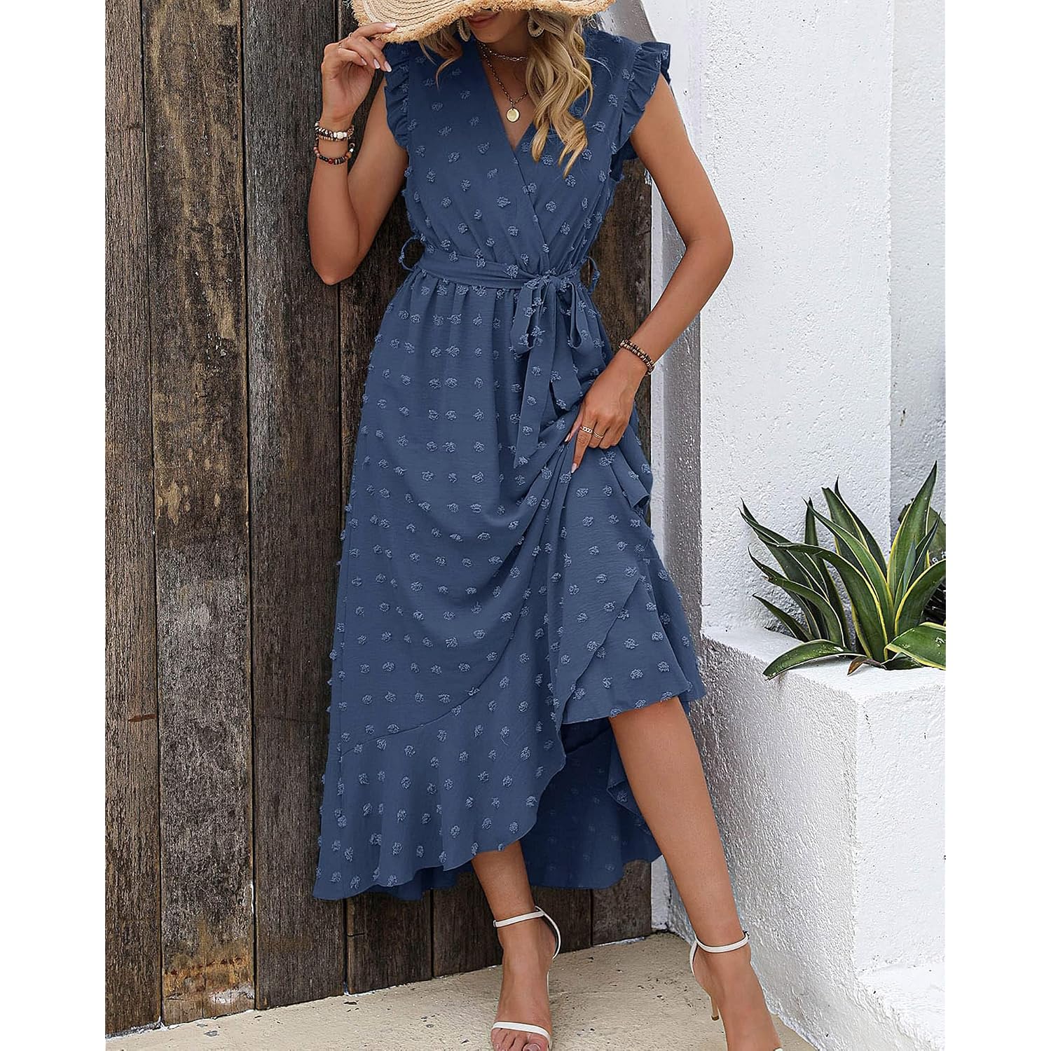 Btfbm Boho Dresses For Women 2026 Summer Fashion Cap Sleeve Swiss Dot Flowy Ruffle Beach Wedding Cocktail Maxi Dress