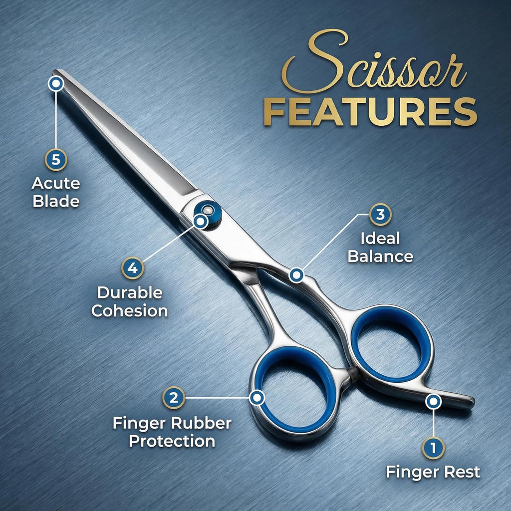 6.5” Stainless Steel Hair Cutting Scissors with Adjustable Tension Screw & Finger Rings, Professional Barber Shears for Men Women, Sharp Haircut Scissors Kit with Comb for Salon Home Use