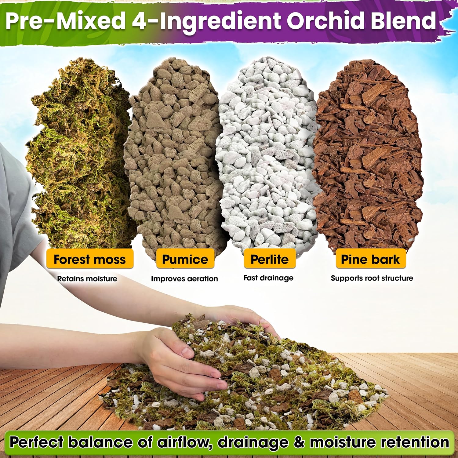 4In1 Orchid Potting Mix For Repotting, Pre-Mixed & Ready To Use, 1Qt | Forest Moss, Pine Bark, Perlite & Pumice, Professional Blend, Drainage & Airflow, Upgraded Formula
