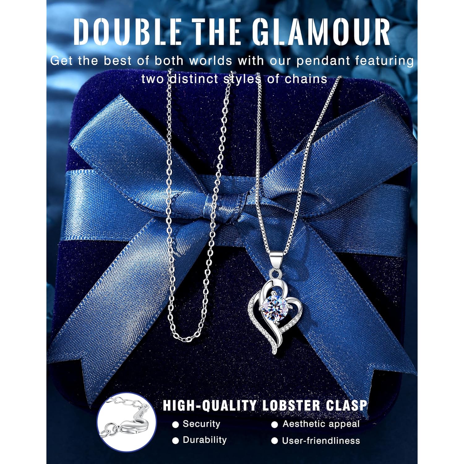 Wedding Anniversary Jewelry Gift for Wife from Husband, Wife Birthday Gift Idea, 1 Carat Moissanite Diamond Pendant Necklace in 925 Sterling Silver with 2 Chains, Romantic and Elegant Present for Her