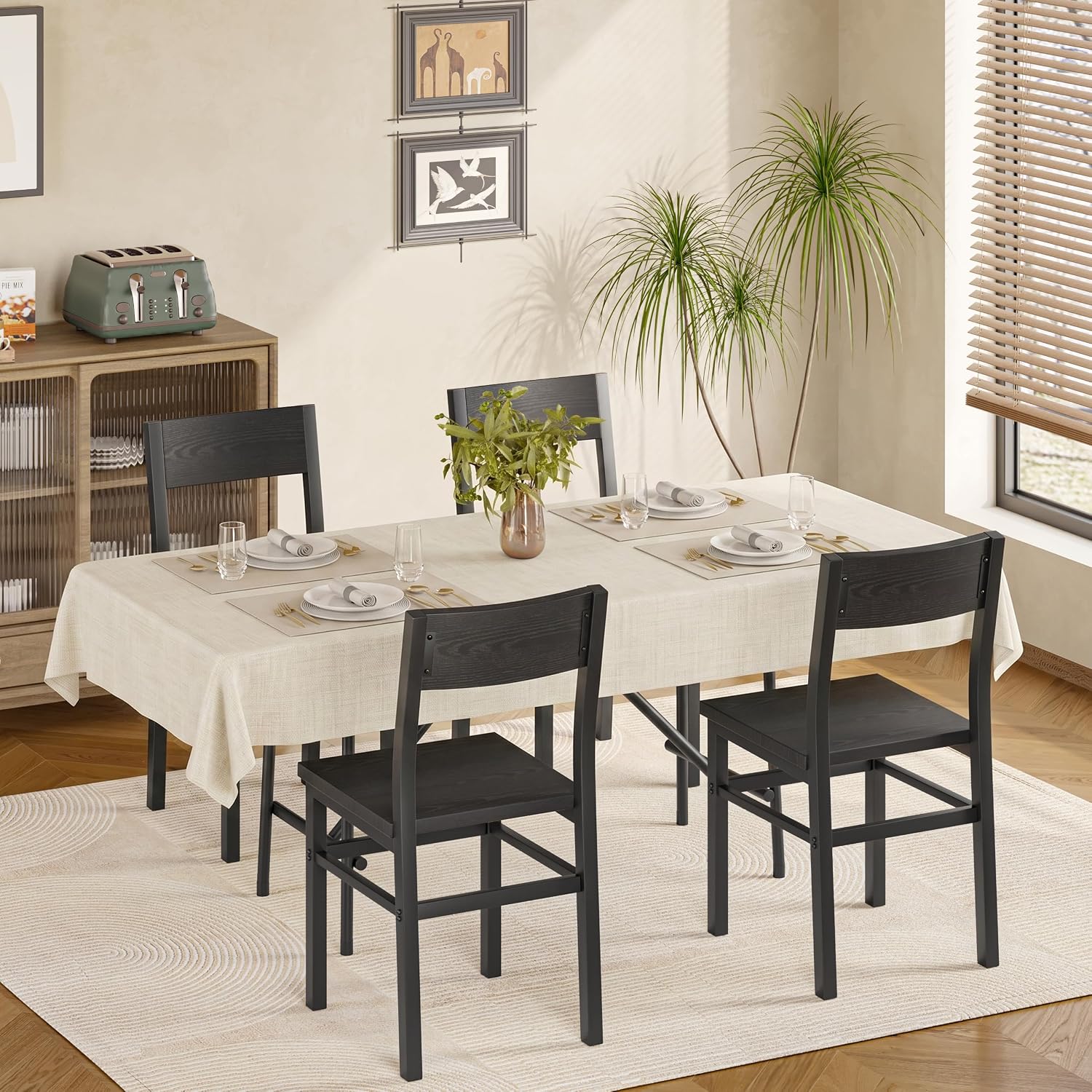 Dining Chairs Set Of 4, Rustic Wood Dining Room Chairs With Thickened And Strengthened Metal Steel Frame & Slat Back, Modern Farmhouse Chair For Kitchen, Dining Room (4, Dark Black)