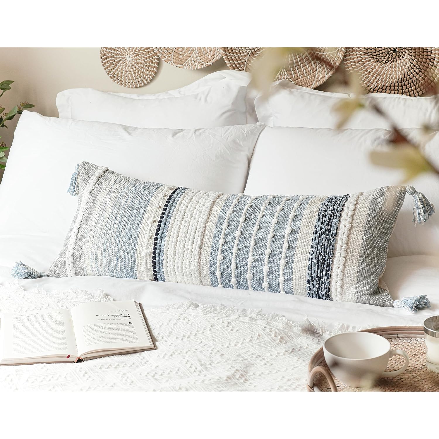 Coastal Blue Decorative Lumbar Pillow Cover 14X36 Boho Long Body Pillow For Bed Farmhouse Lumbar Throw Pillow For Couch Modern Accent Textured Throw Pillowcase