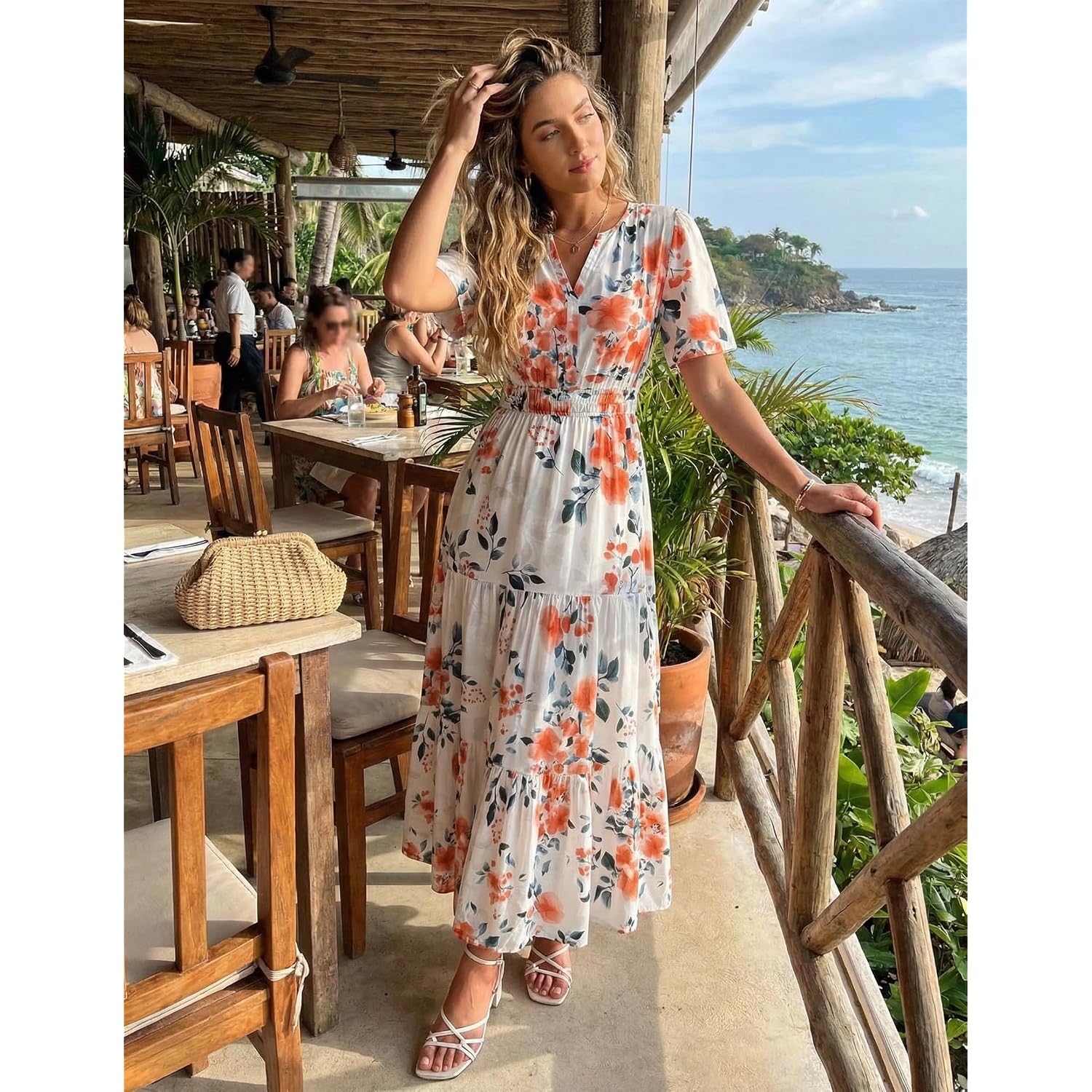 Zesica Women'S 2026 Summer Spring Floral Boho Maxi Dresses Casual Short Sleeve V Neck A Line Flowy Beach Vacation Dress