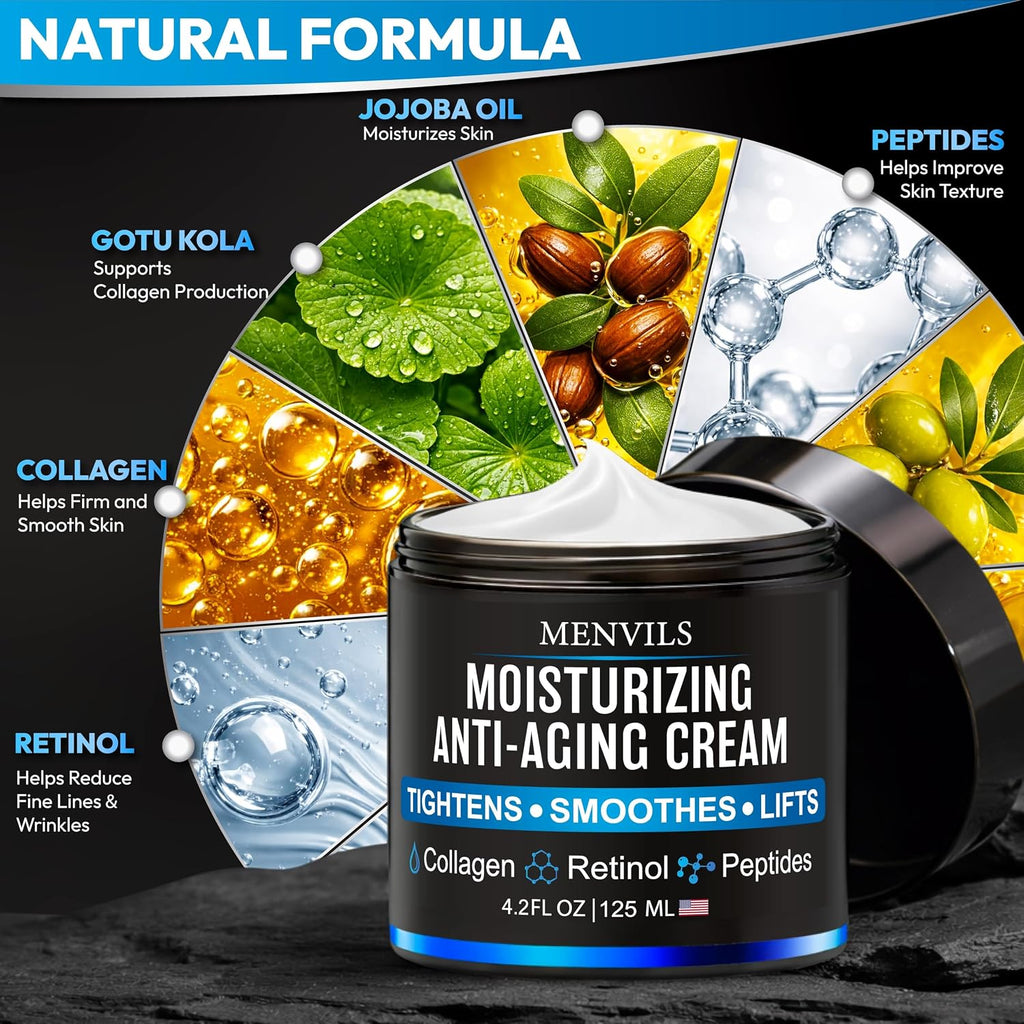 Mens Face Moisturizer Cream - Anti Aging & Wrinkle Repair - After Shave Lotion For Men With Collagen, Retinol, Peptides, Jojoba Oil - Age Facial Skin Care - Lightweight Day & Night Cream - 4.2 Oz