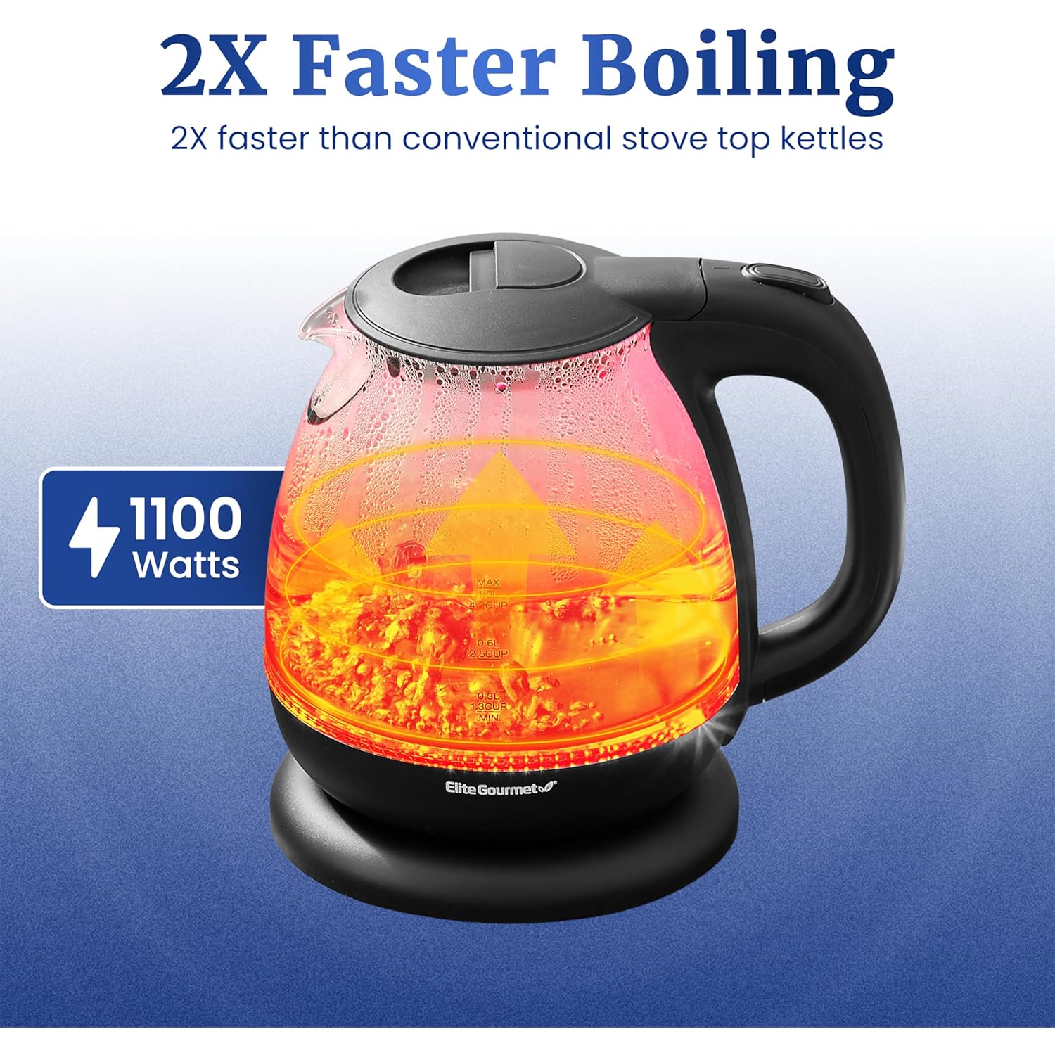 Elite Gourmet EKT1001 Electric 1.0L BPA-Free 1100W Glass Kettle Cordless 360° Base, Stylish Blue LED Interior, Handy Auto Shut-Off Function – Quickly Boil Water For Tea & More, Black