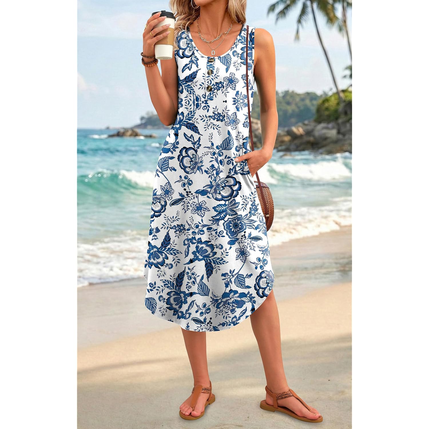 Wiholl Summer Dresses For Women 2026 Button Front Sleeveless Casual Midi Dress Beach Vacation Sundresses With Pockets