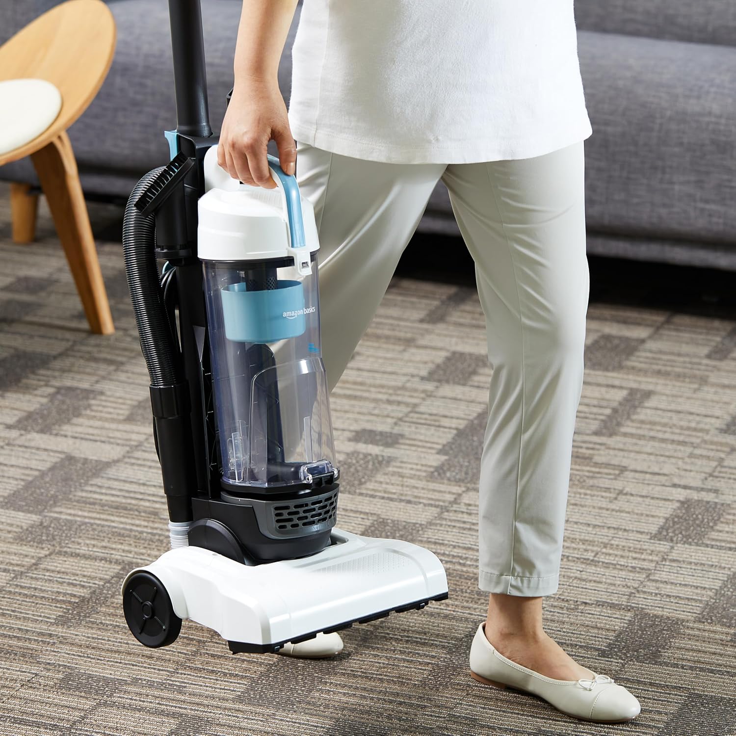 Amazon Basics Upright Bagless Vacuum Cleaner For Carpet And Hard Floors, Washable Filter, Crevice And Upholstery Tools, Detachable Handle, Lightweight, 1.7L Dust Cup, 25Ft Cord, Black/White