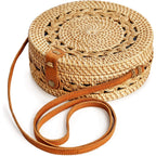 Round Rattan Bag For Women - Handmade Straw Bags - Wicker Purse - Brown White Circle Crossbody Boho Bags