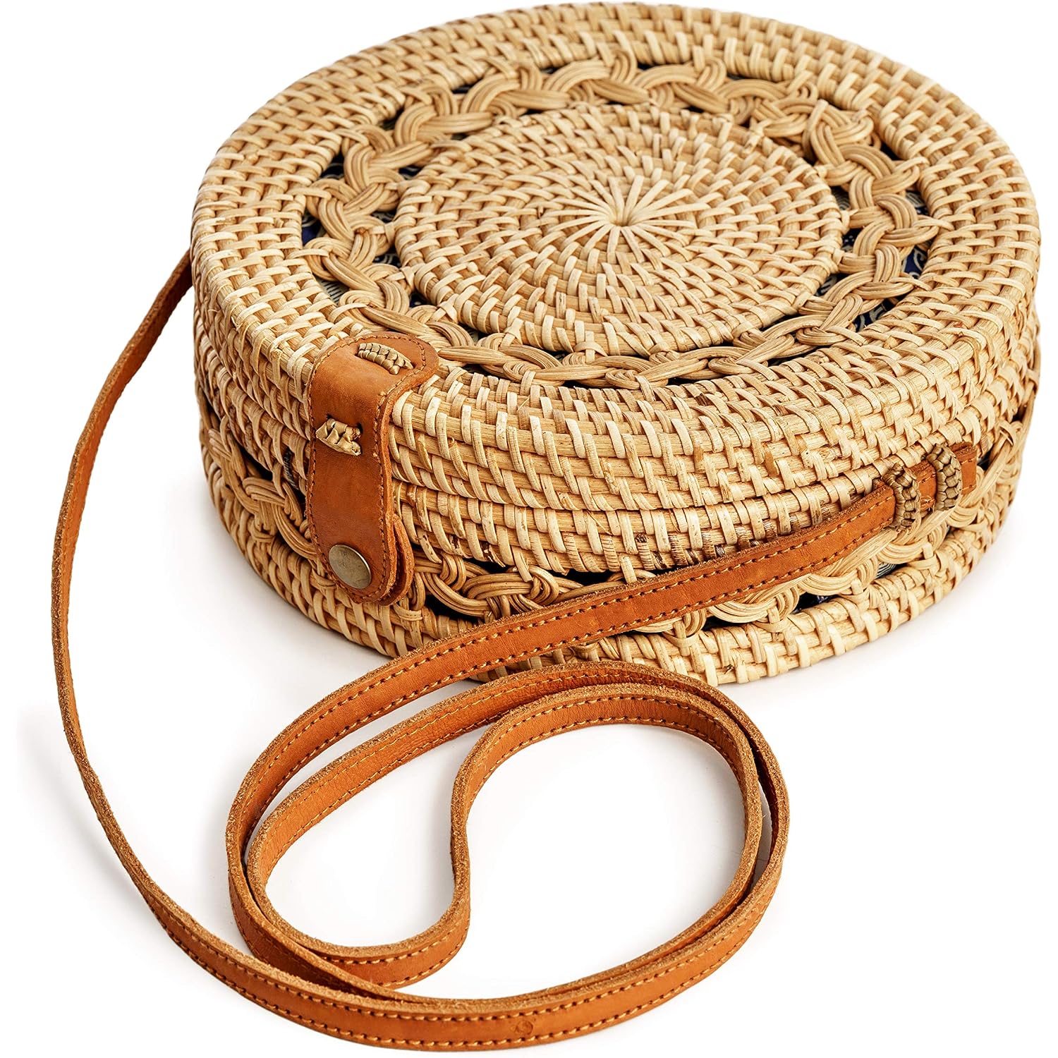 Round Rattan Bag For Women - Handmade Straw Bags - Wicker Purse - Brown White Circle Crossbody Boho Bags