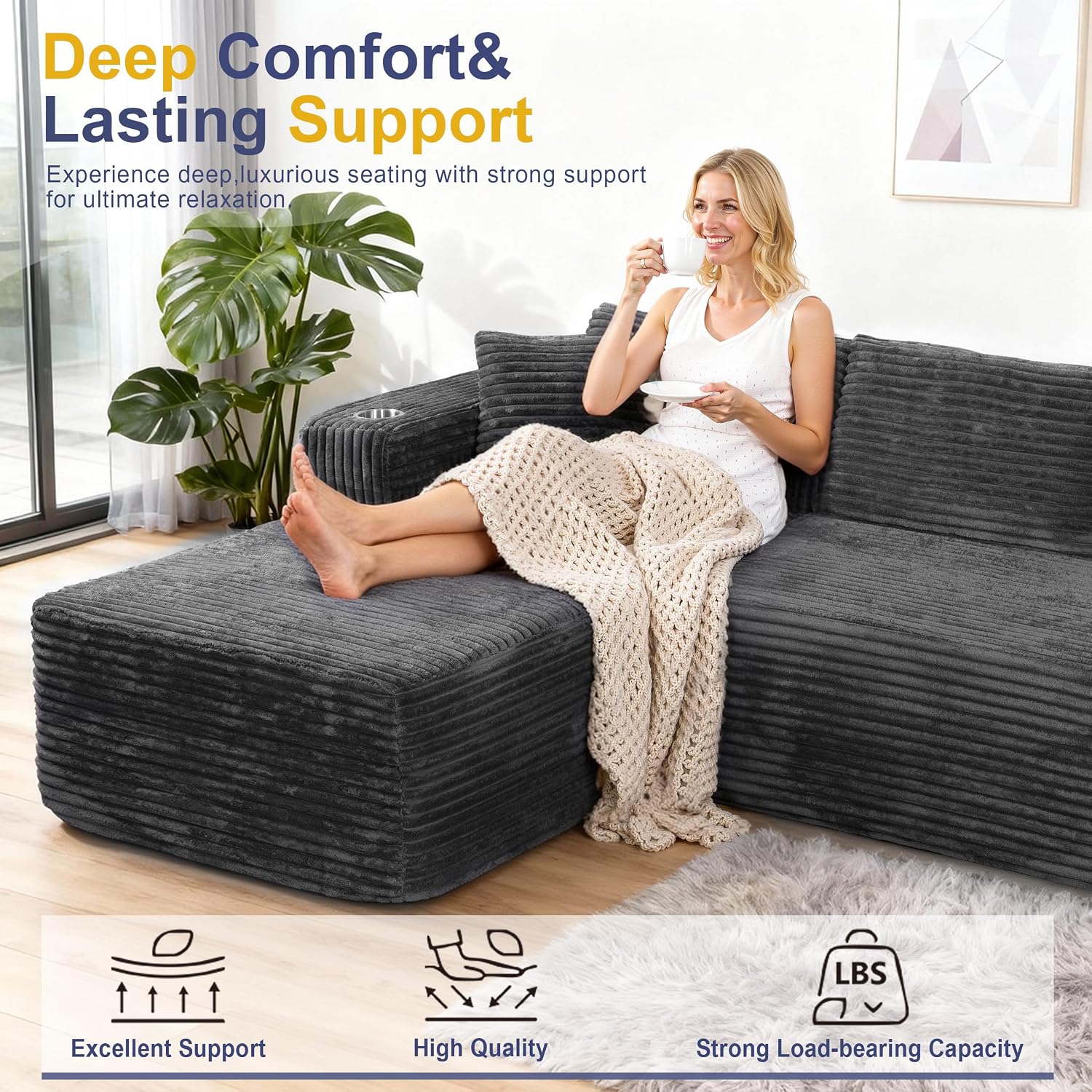 Shintenchi 103" Boneless Couches For Living Room With 2 Cup Holders,L Shaped Modular Sectional Sofa Set,No Assembly Needed Plush Corduroy Living Room Set,Dark Gray
