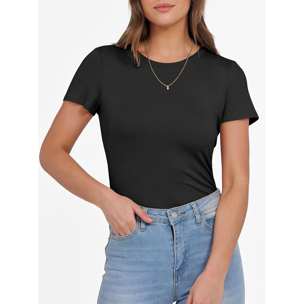 Women Short Sleeve Crewneck Ribbed Knit Slim Fitted Shirts Summer Tops Basic Tee Casual 2026 Spring Outfits Clothes