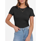 Women Short Sleeve Crewneck Ribbed Knit Slim Fitted Shirts Summer Tops Basic Tee Casual 2026 Spring Outfits Clothes