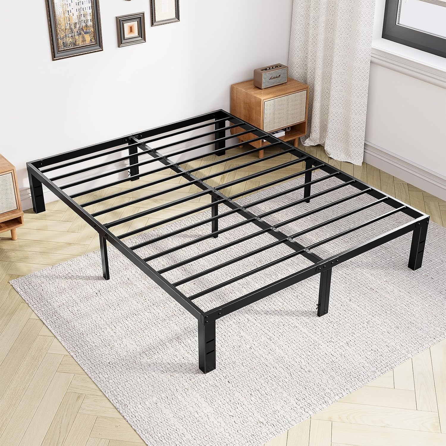 Dumos Queen Size 12" Bed Frame - Metal Platform Bed Frame Mattress Foundation With Steel Slat Support, No Box Spring Needed, Storage Space Under Base, Easy Assembly, Black