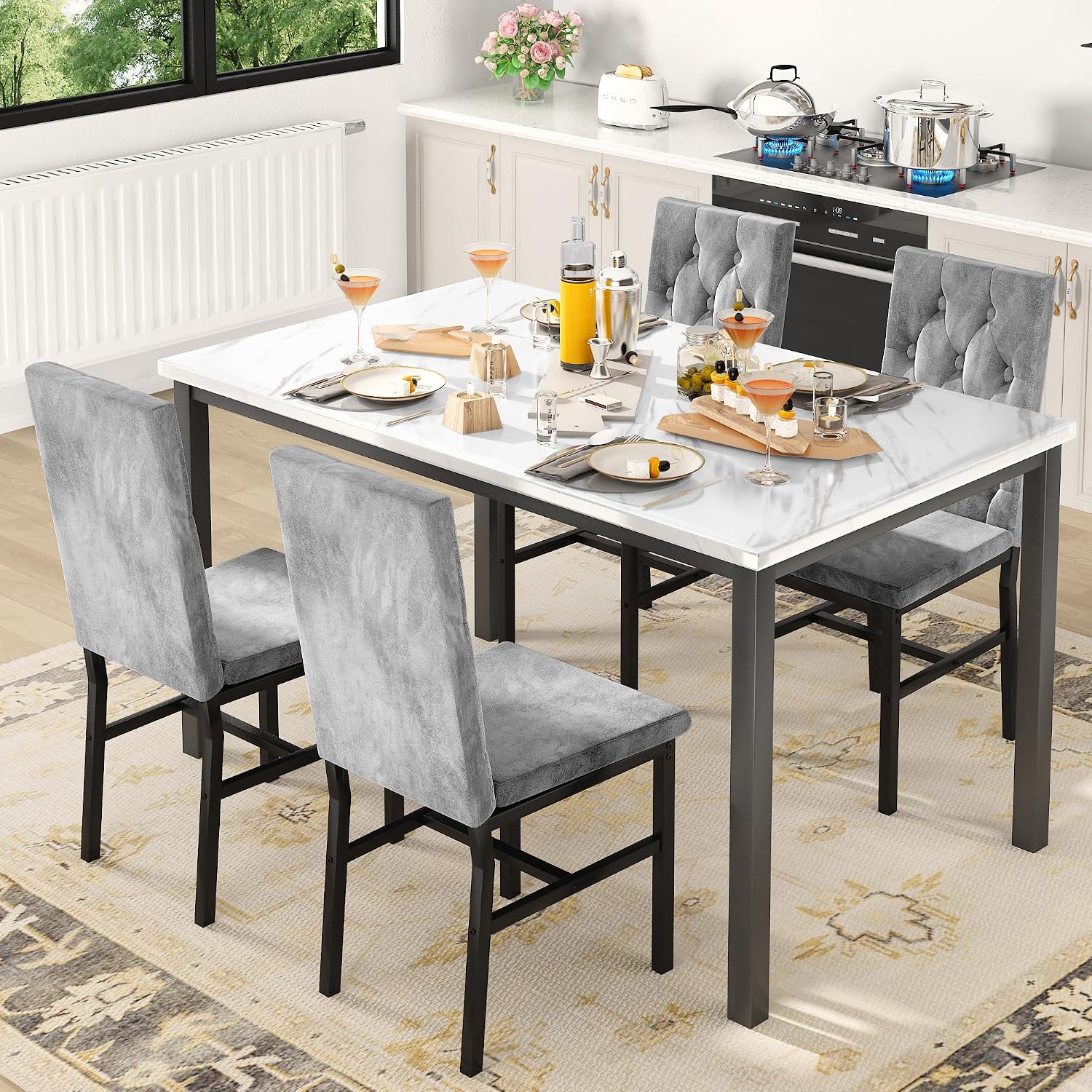 Hooseng Dining Table Set For 4, Faux Marble Small Kitchen Table Chairs Set Of 4 With Luxurious Button Tufted Dinner Chairs For Kitchen And Dining