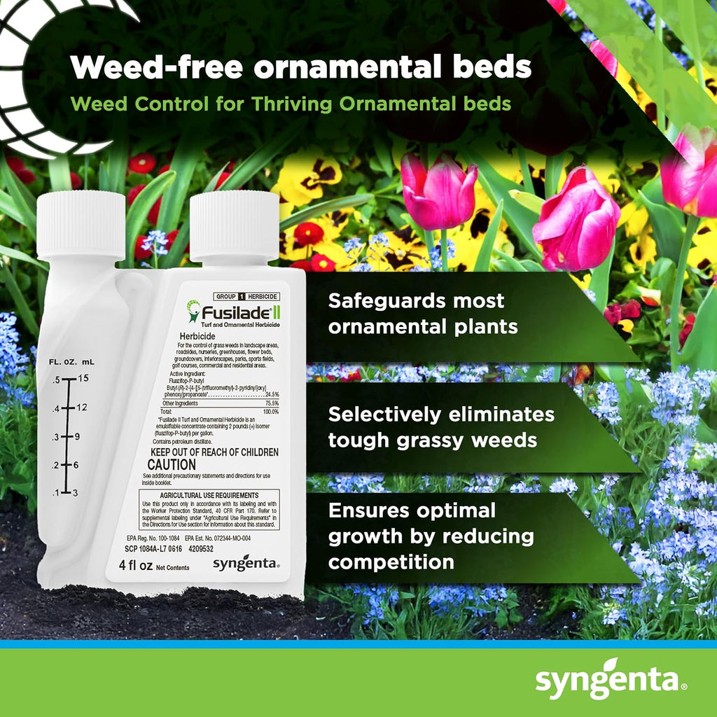 Syngenta Fusilade Ii Herbicide - Grass Weed Killer Spray For Selective Control In Turf & Landscapes, Safe On Ornamentals, Fast Acting Weed Control For Nurseries & Sports Fields - 4 Oz