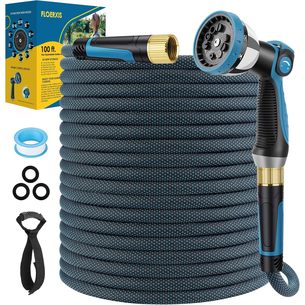 Non-Expandable Garden Hose 100 Ft, Lightweight Hose With 10 Function Spray Nozzle, Kink-Free Flexible Water Hose, Durable, Leak-Proof, 360° Swivel Connectors, Portable Storage Strap