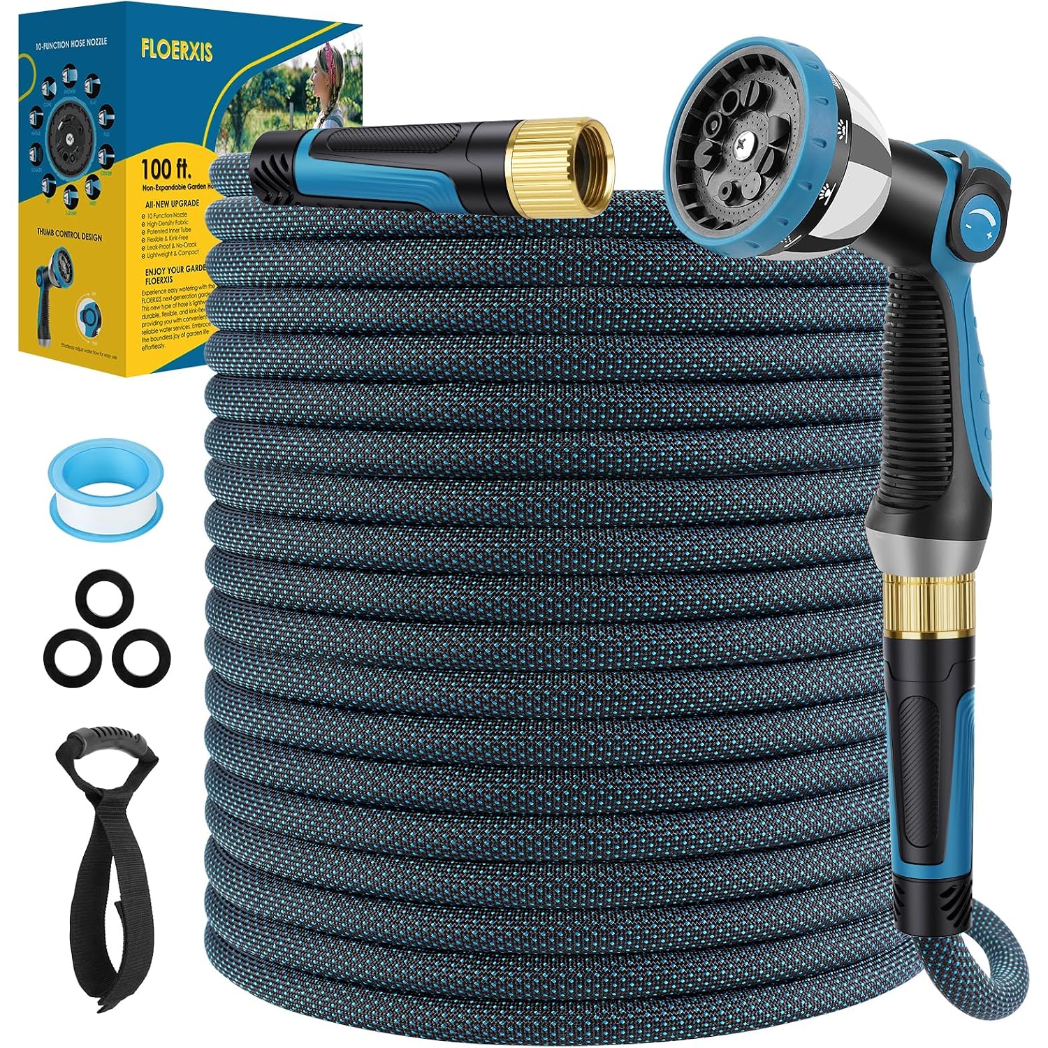 Non-Expandable Garden Hose 100 Ft, Lightweight Hose With 10 Function Spray Nozzle, Kink-Free Flexible Water Hose, Durable, Leak-Proof, 360° Swivel Connectors, Portable Storage Strap