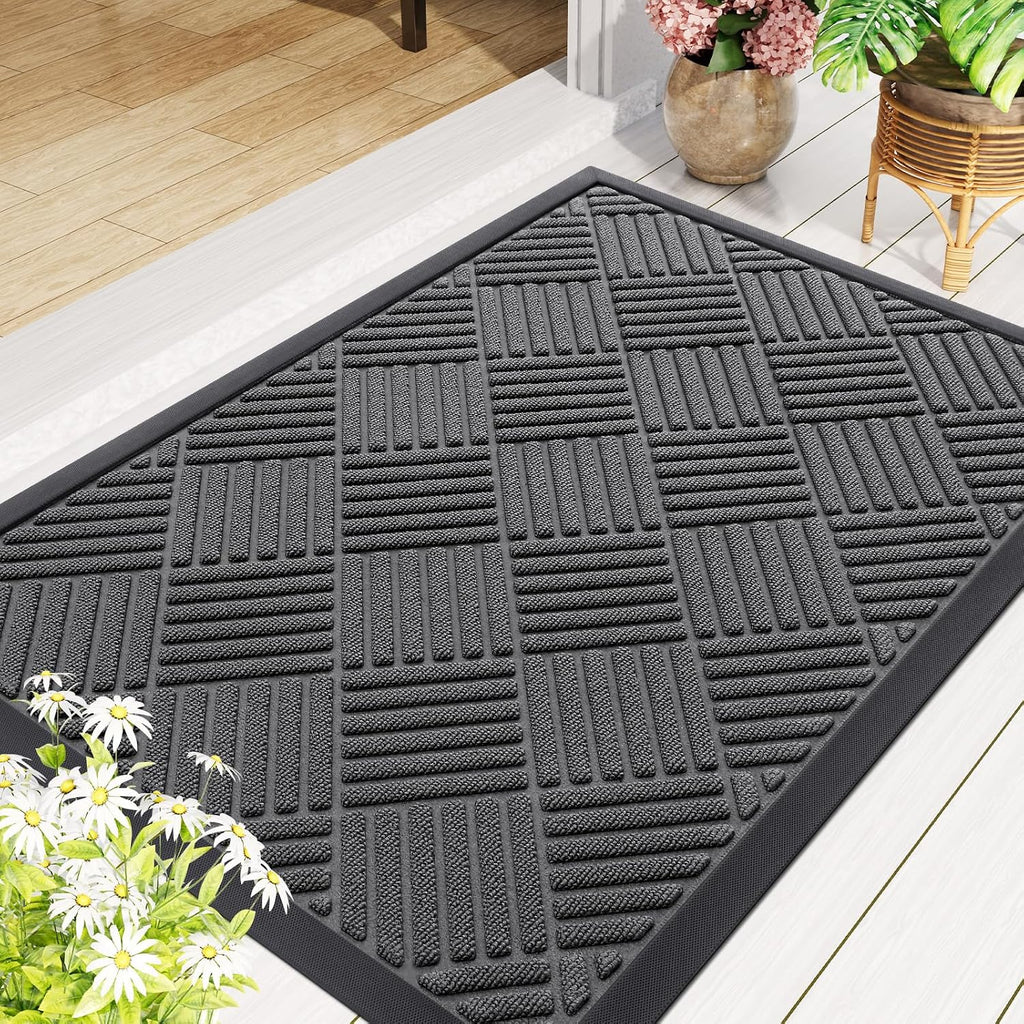 Smiry Front Door Mat Outside Entrance, Heavy Duty Outdoor Indoor Natural Rubber Doormat, Non Slip, Trap Dirt And Moisture, Easy Clean, Low Profile Patio Porch Entryway Mat, 29.5X17, Grey