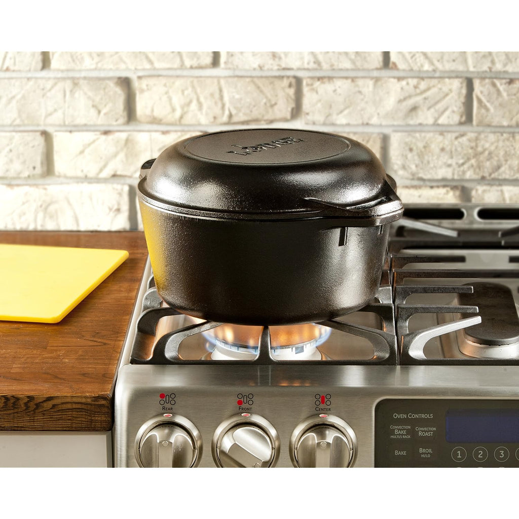 Lodge Cast Iron Double Dutch Oven 5 Quart - Pre-Seasoned 2-in-1 Cast Iron Cookware - Pot & Skillet Combo - Even Heat Retention - Oven-Safe, Versatile Pot