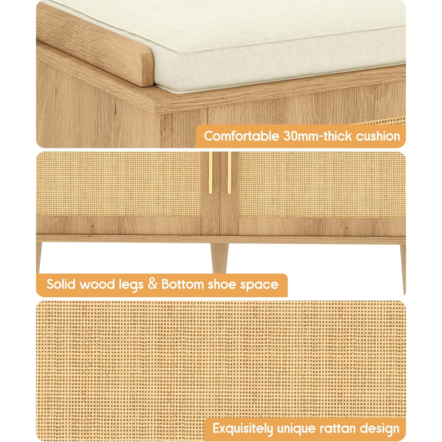 Rattan Shoe Storage Bench With Cushion, 2-Tier Entryway Bench With Adjustable Shelves And 2 Doors, 15" D X 39.4" W X 20" H, Solid Wood Legs, For Hallway, Living Room, Bedroom, Natural Oak