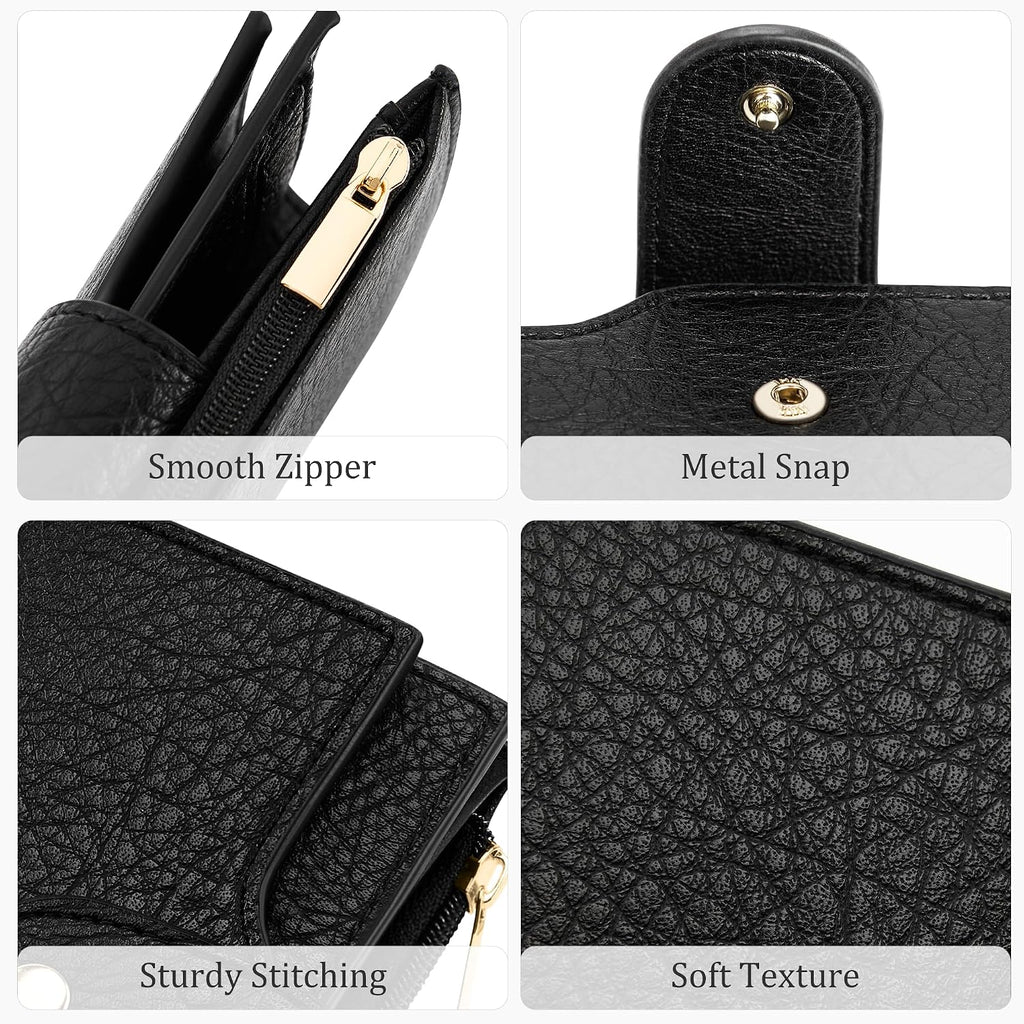 Small Women'S Bifold Wallet, Rfid Blocking Credit Card Holder With Zipper, Travel Cute Coin Pocket Wallet For Ladies, Black
