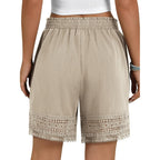 Women's Casual Elastic Waist Lounge Shorts Comfy Stretch Lace Trim Summer Beach Linen Ruffle Shorts