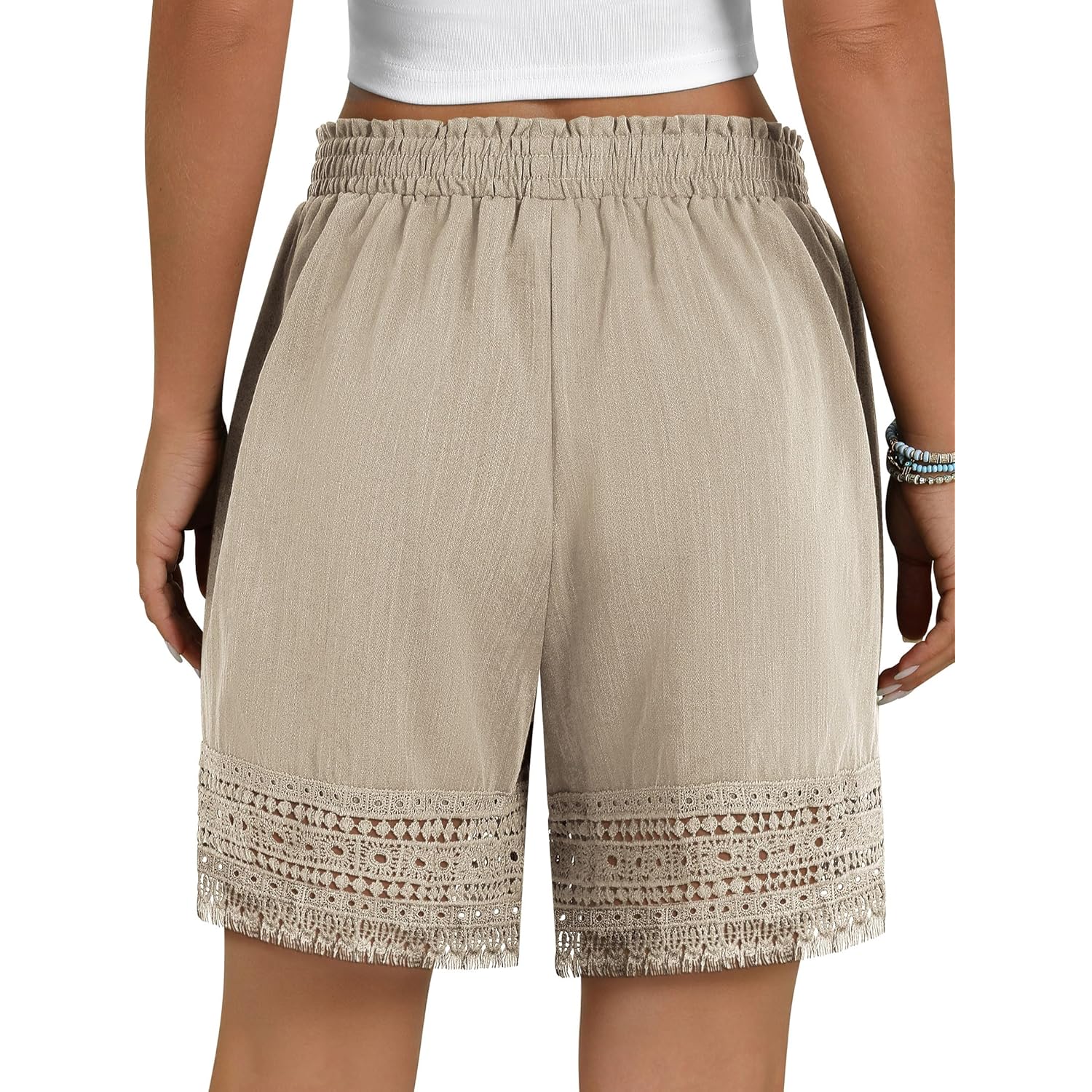 Women's Casual Elastic Waist Lounge Shorts Comfy Stretch Lace Trim Summer Beach Linen Ruffle Shorts