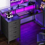 Huuger 47 Inch Computer Desk With Power Outlets And Led Lights, Gaming Desk With 4 Drawers, Office Desk With Monitor Stand, Study Work Home Office, Small Spaces, Black